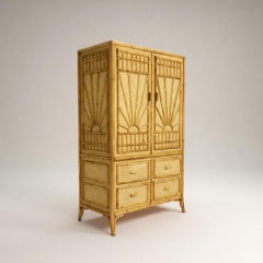 1970s Coastal Sunburst Cabinet or Tall Chest W/ Bamboo Chippendale Style Fretwor
