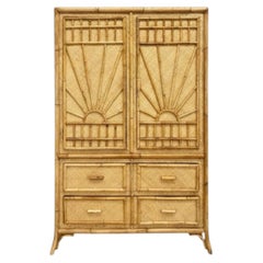 1970s Coastal Sunburst Cabinet or Tall Chest W/ Bamboo Chippendale Style Fretwor