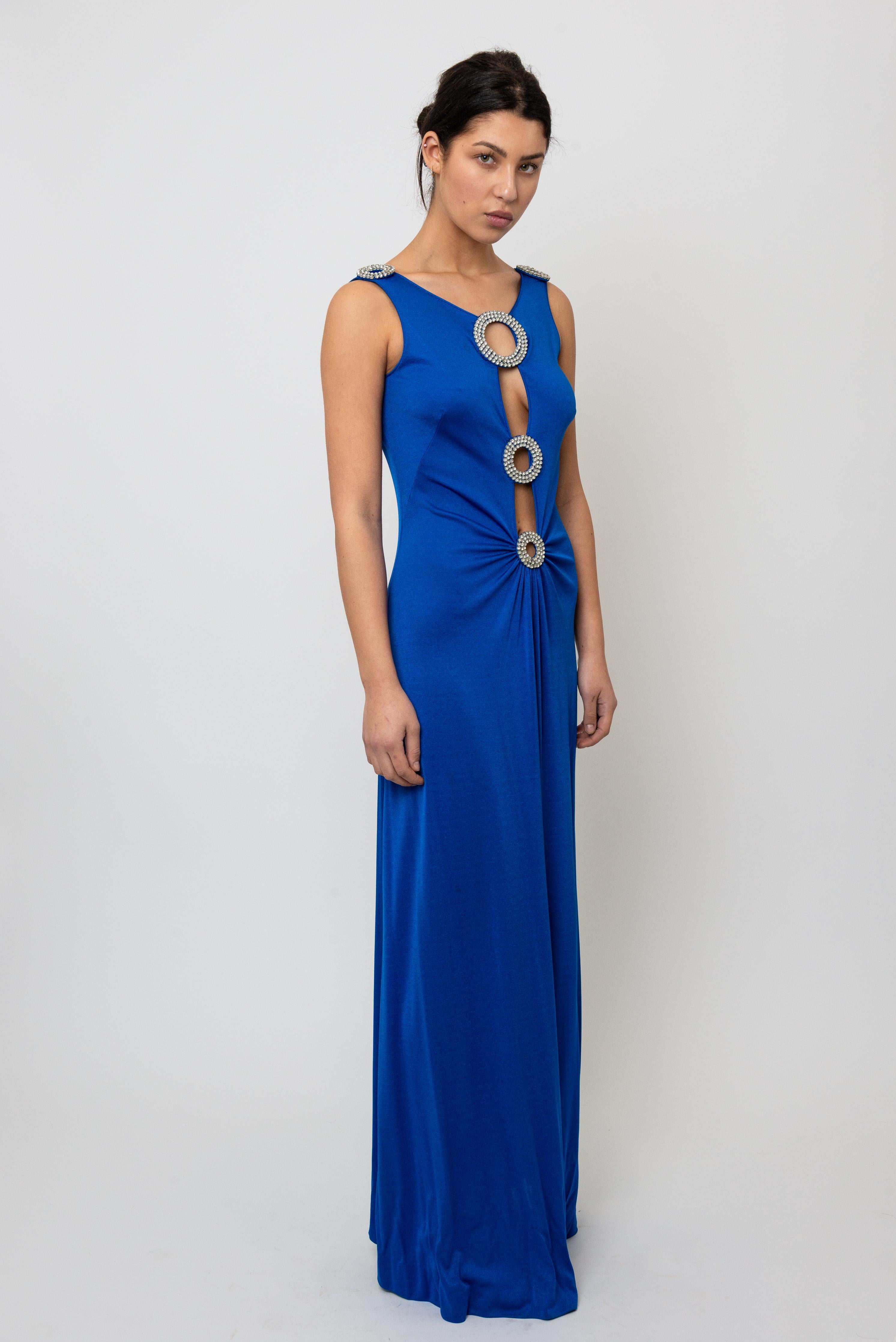 1970's Cobalt Blue Jersey Gown with Crystal Trim Cut Outs and Low Back in vendita 6