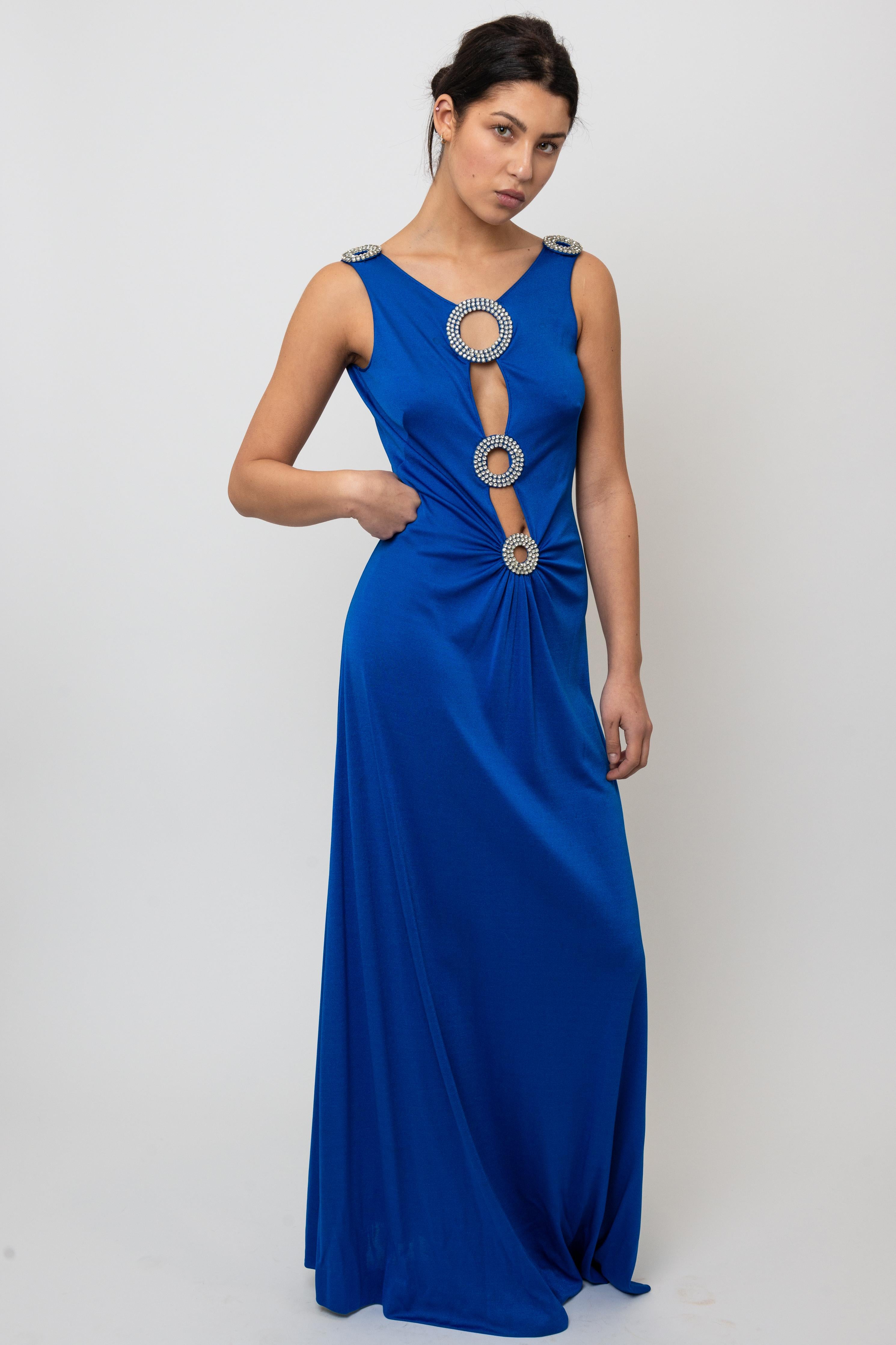 1970's Cobalt Blue Jersey Gown with Crystal Trim Cut Outs and Low Back in vendita 7