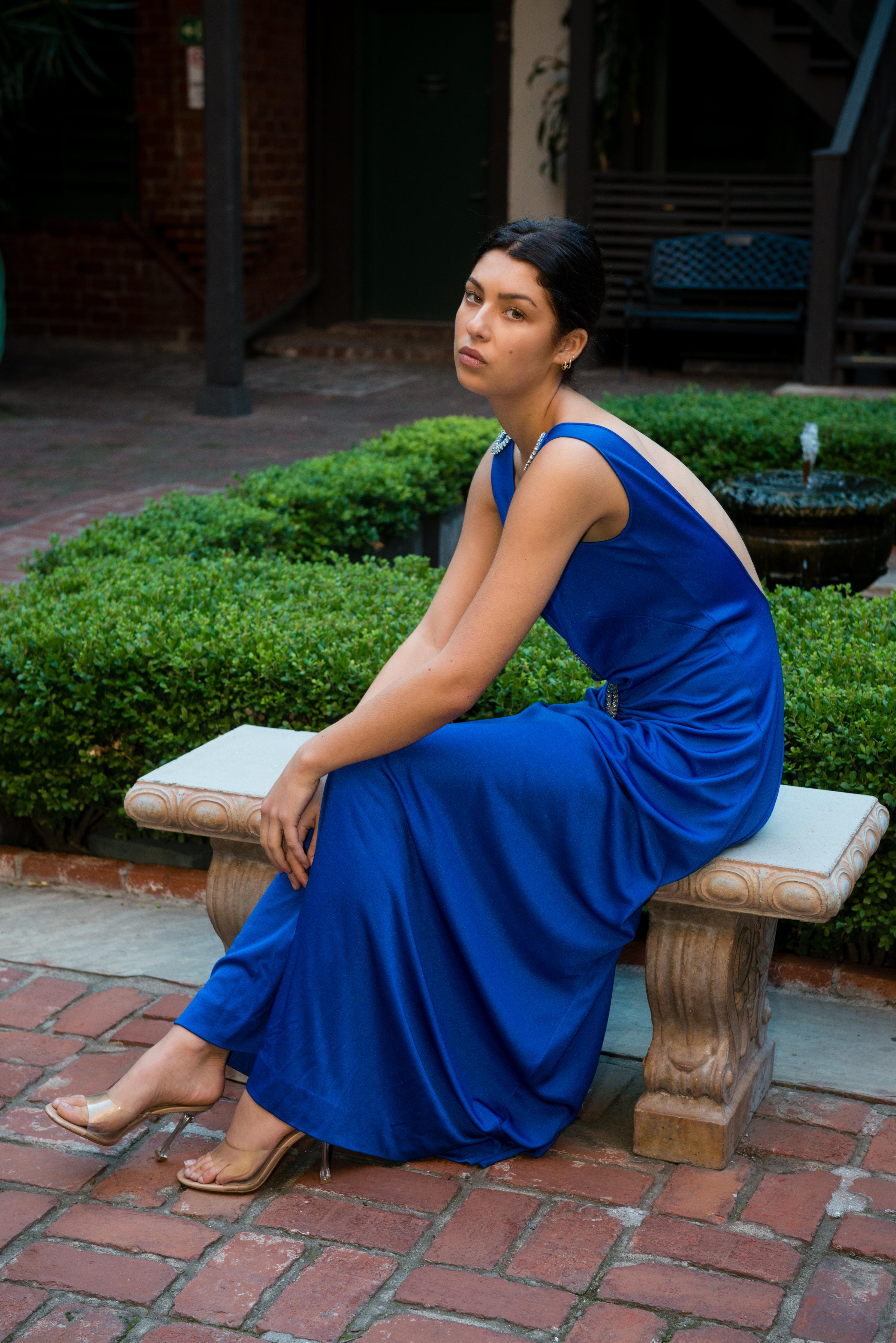 1970's Cobalt Blue Jersey Gown with Crystal Trim Cut Outs and Low Back in vendita 8