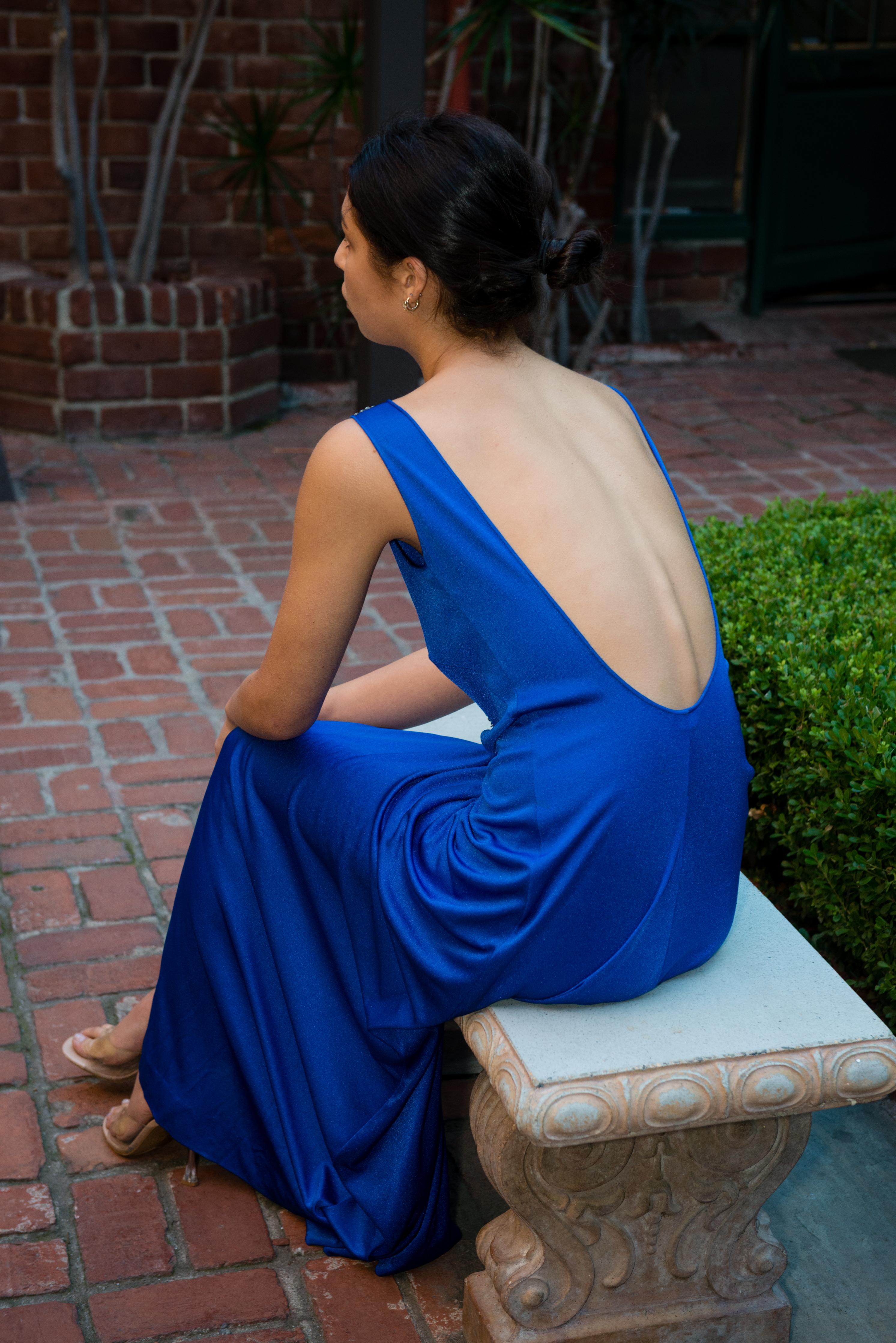 1970's Cobalt Blue Jersey Gown with Crystal Trim Cut Outs and Low Back in vendita 9
