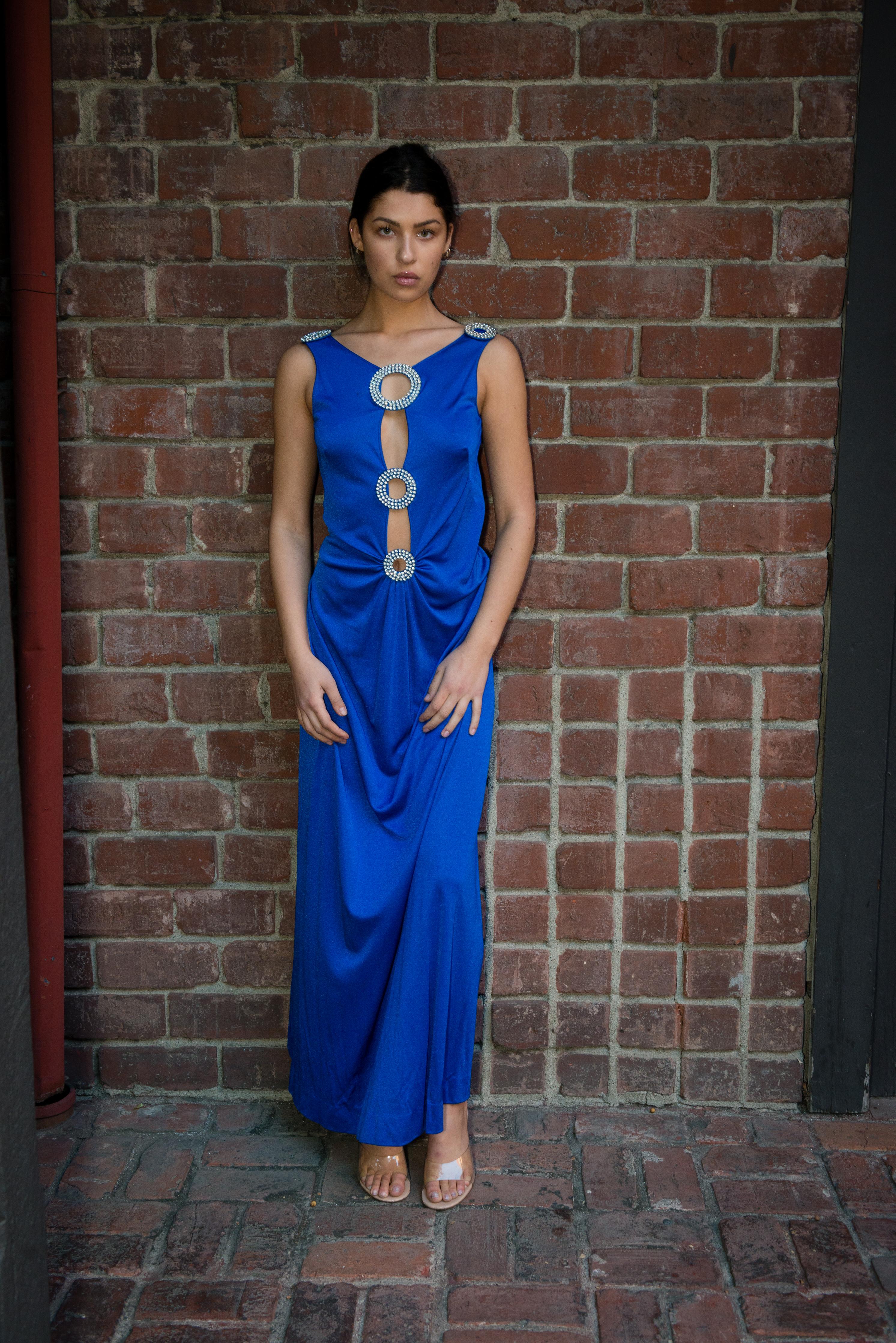 1970's Cobalt Blue Jersey Gown with Crystal Trim Cut Outs and Low Back in vendita 10