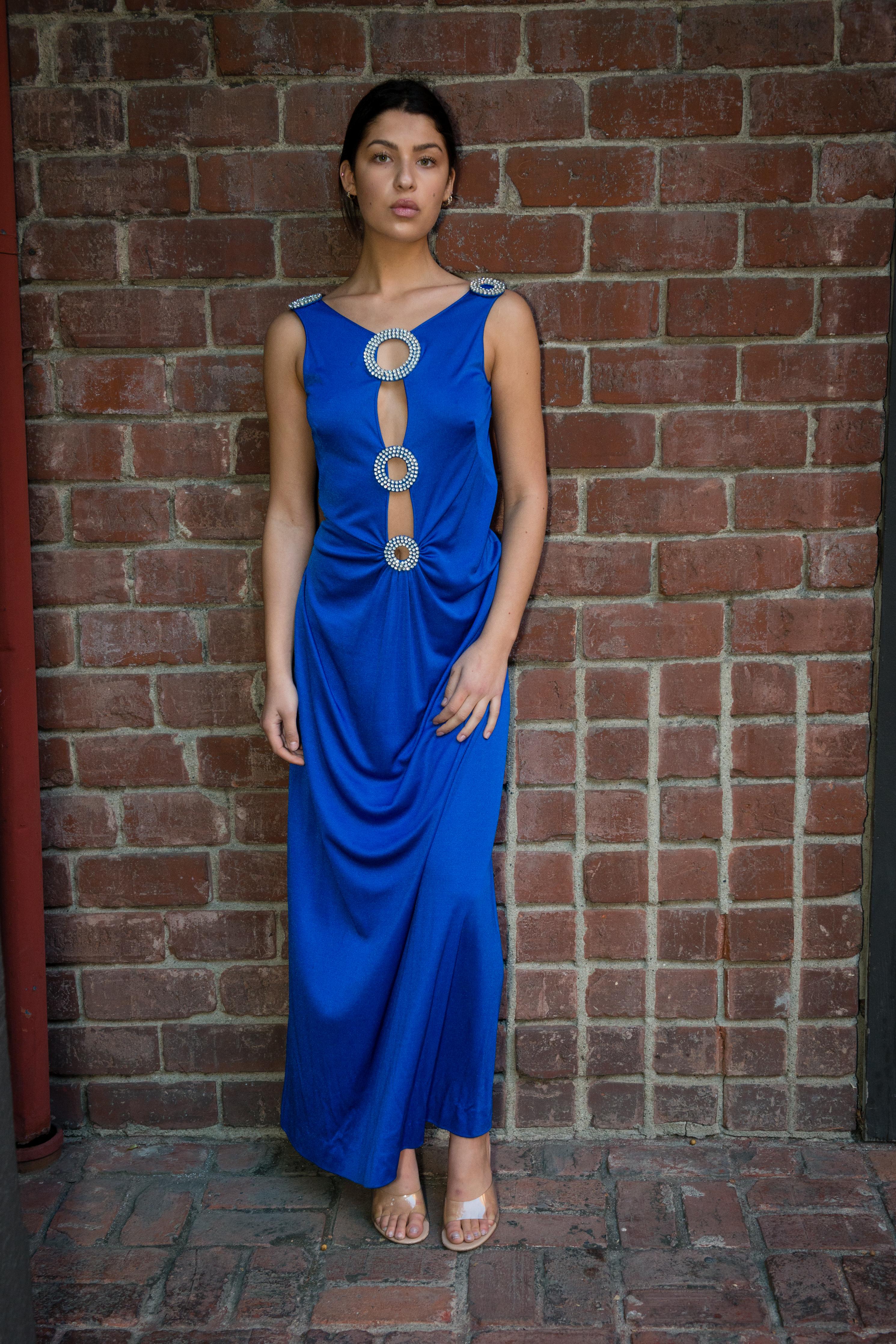 1970's Cobalt Blue Jersey Gown with Crystal Trim Cut Outs and Low Back in vendita 11