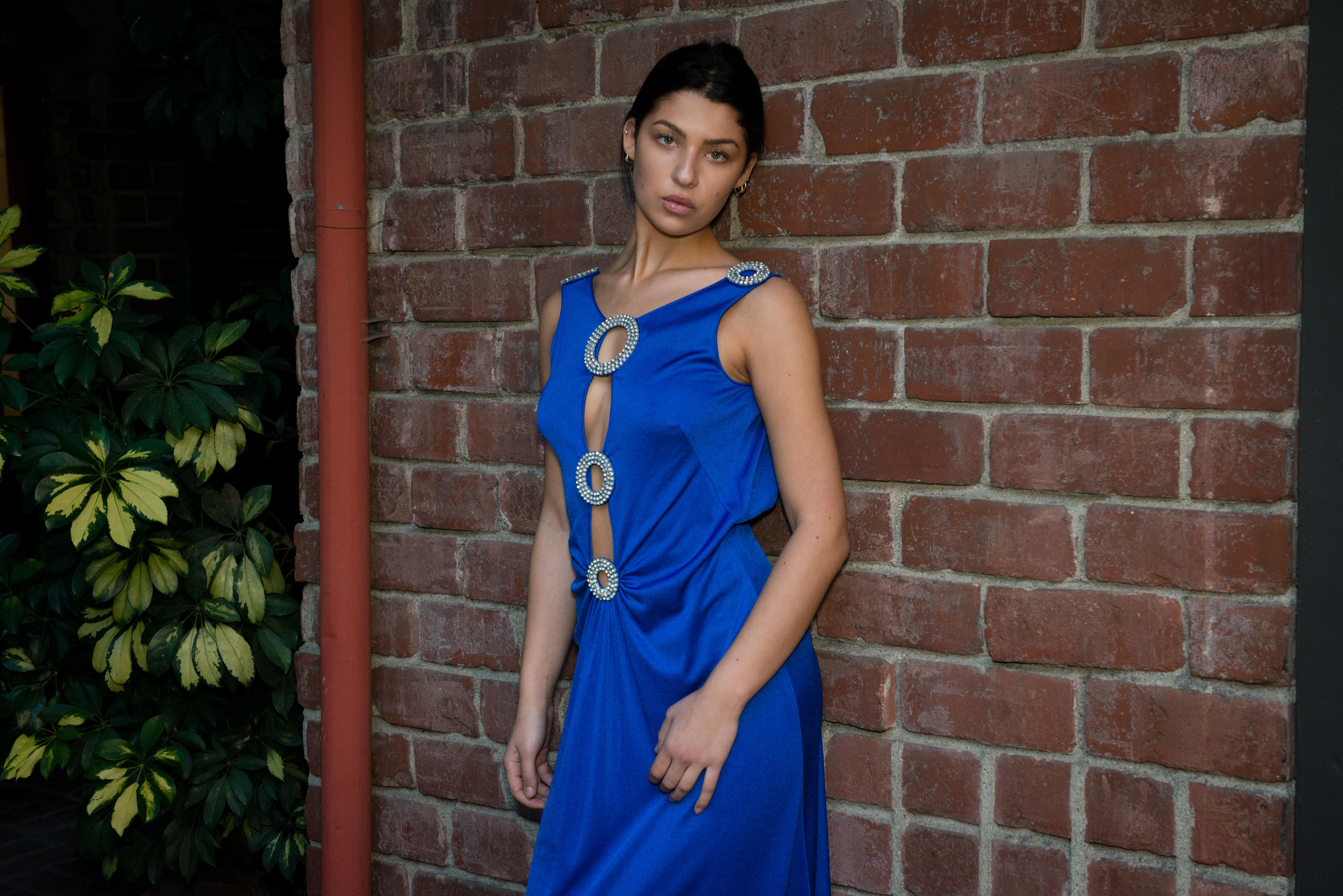 1970's Cobalt Blue Jersey Gown with Crystal Trim Cut Outs and Low Back in vendita 12