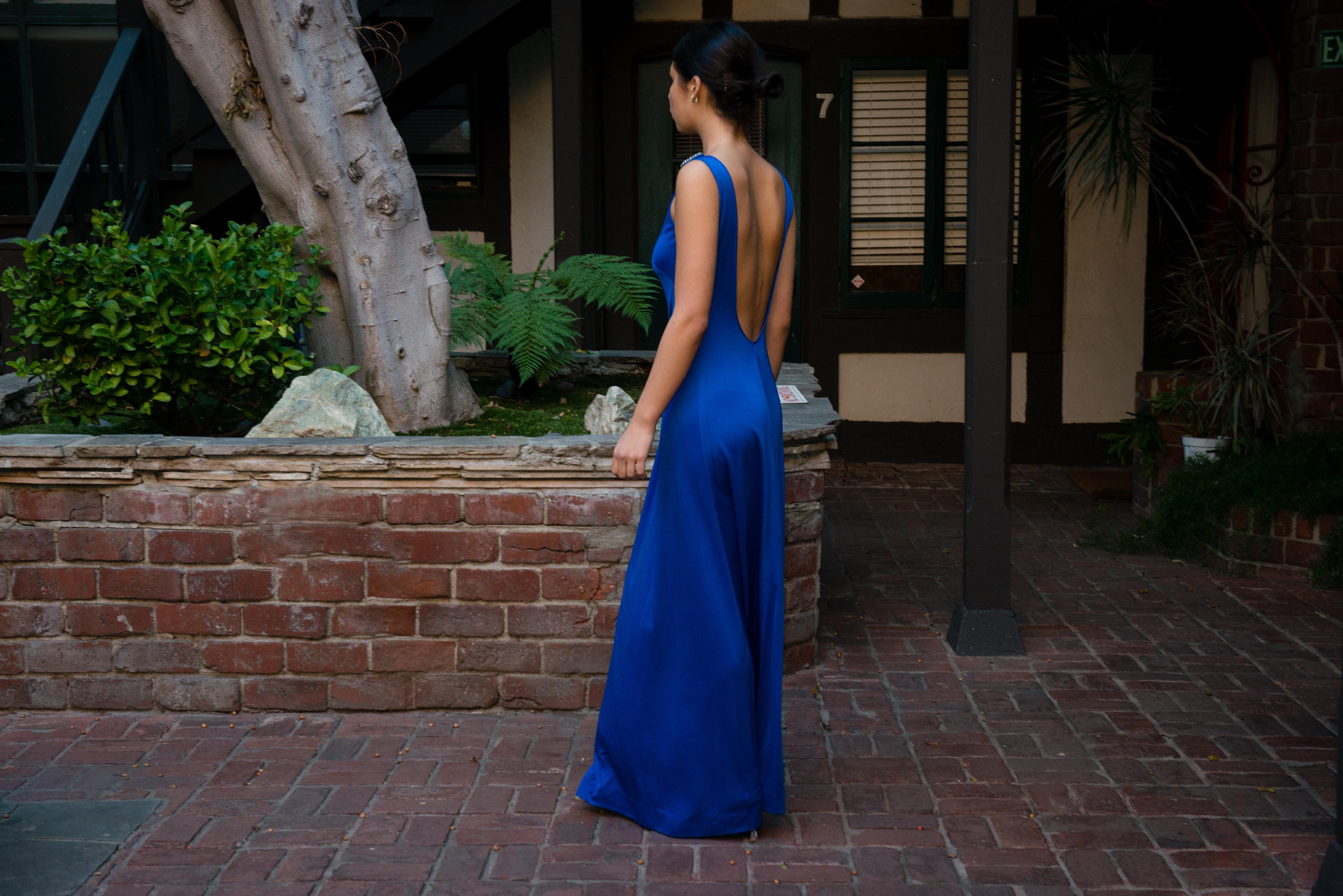 1970's Cobalt Blue Jersey Gown with Crystal Trim Cut Outs and Low Back in vendita 13