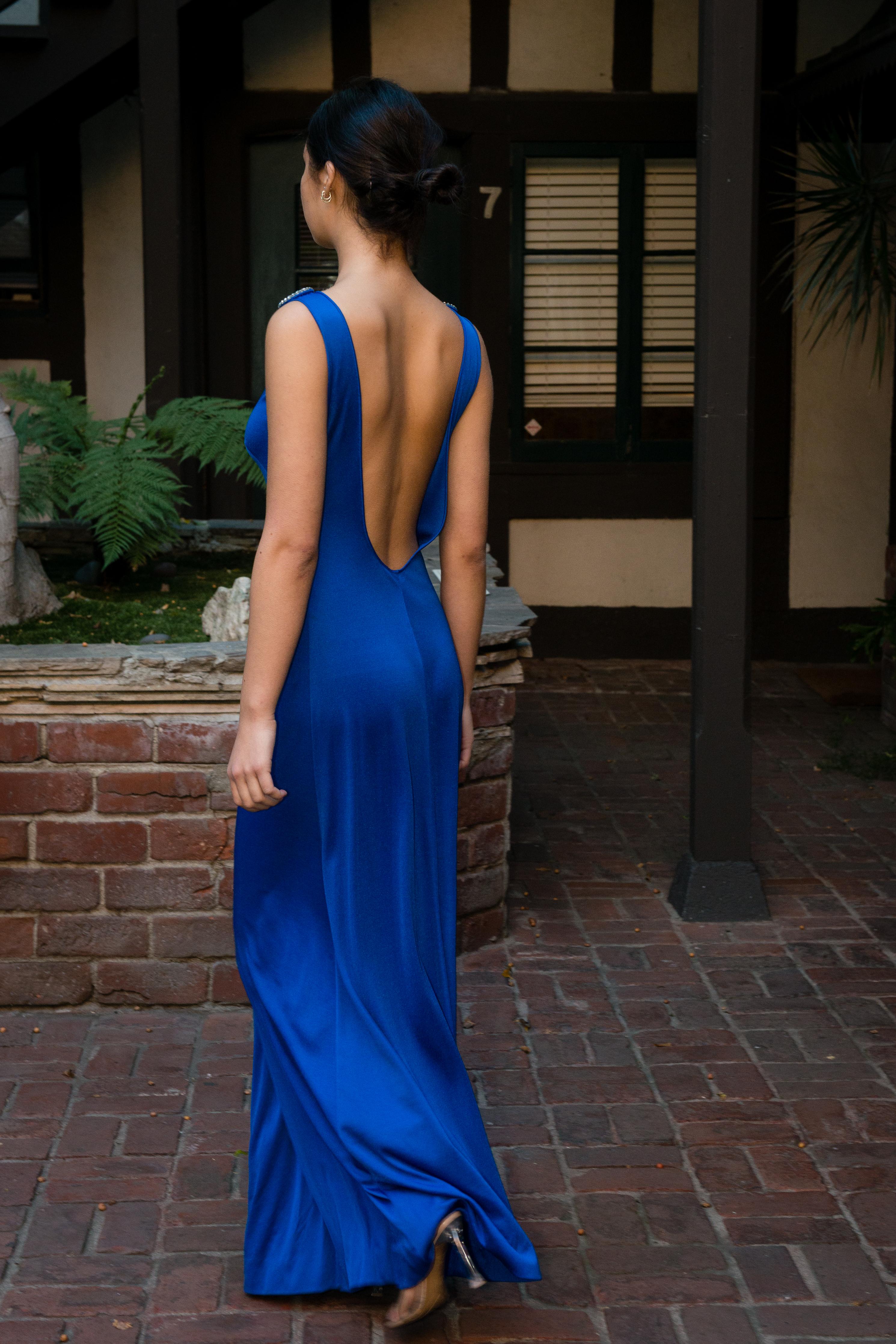 1970's Cobalt Blue Jersey Gown with Crystal Trim Cut Outs and Low Back in vendita 14