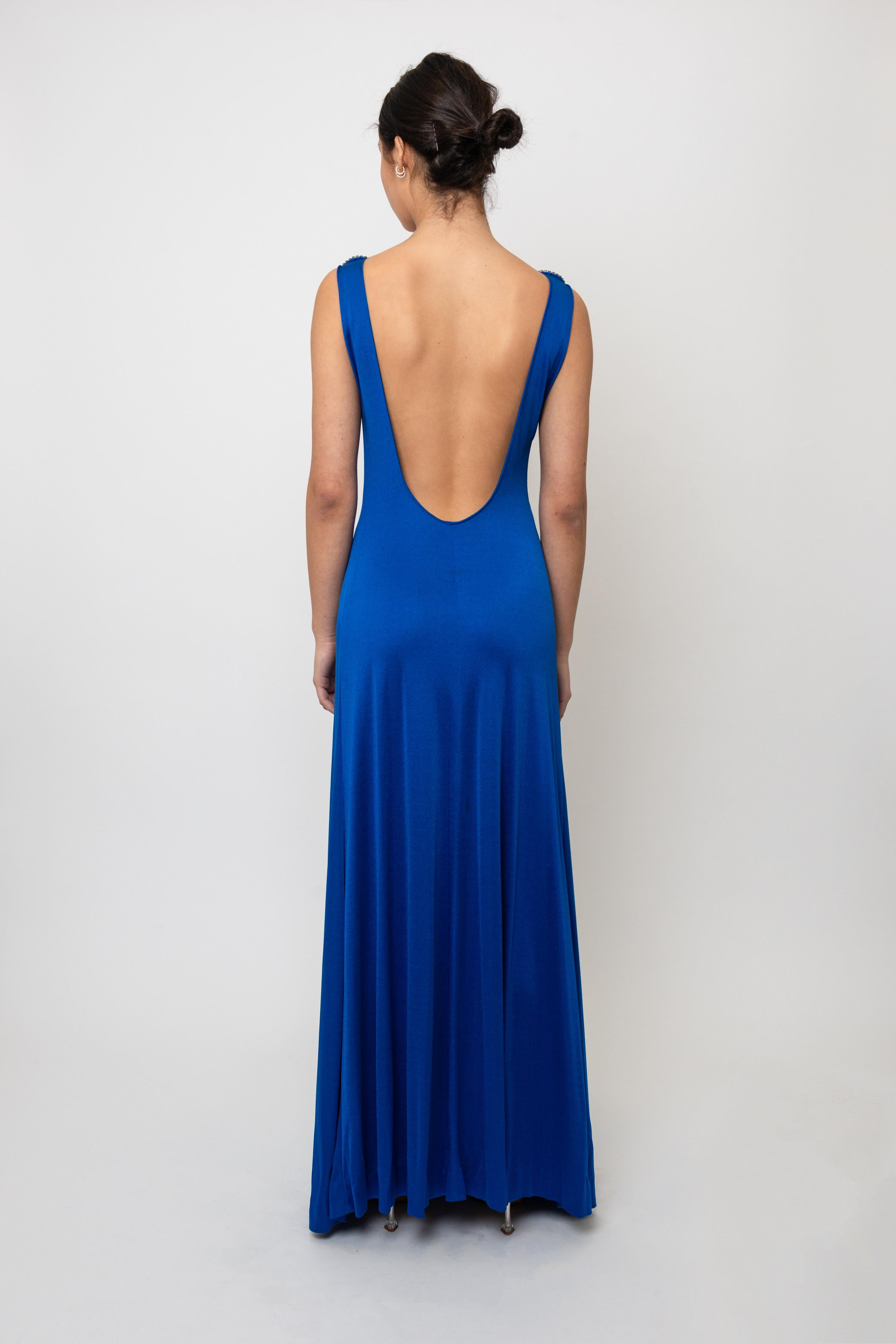 1970's Cobalt Blue Jersey Gown with Crystal Trim Cut Outs and Low Back In condizioni ottime in vendita a Los Angeles, CA