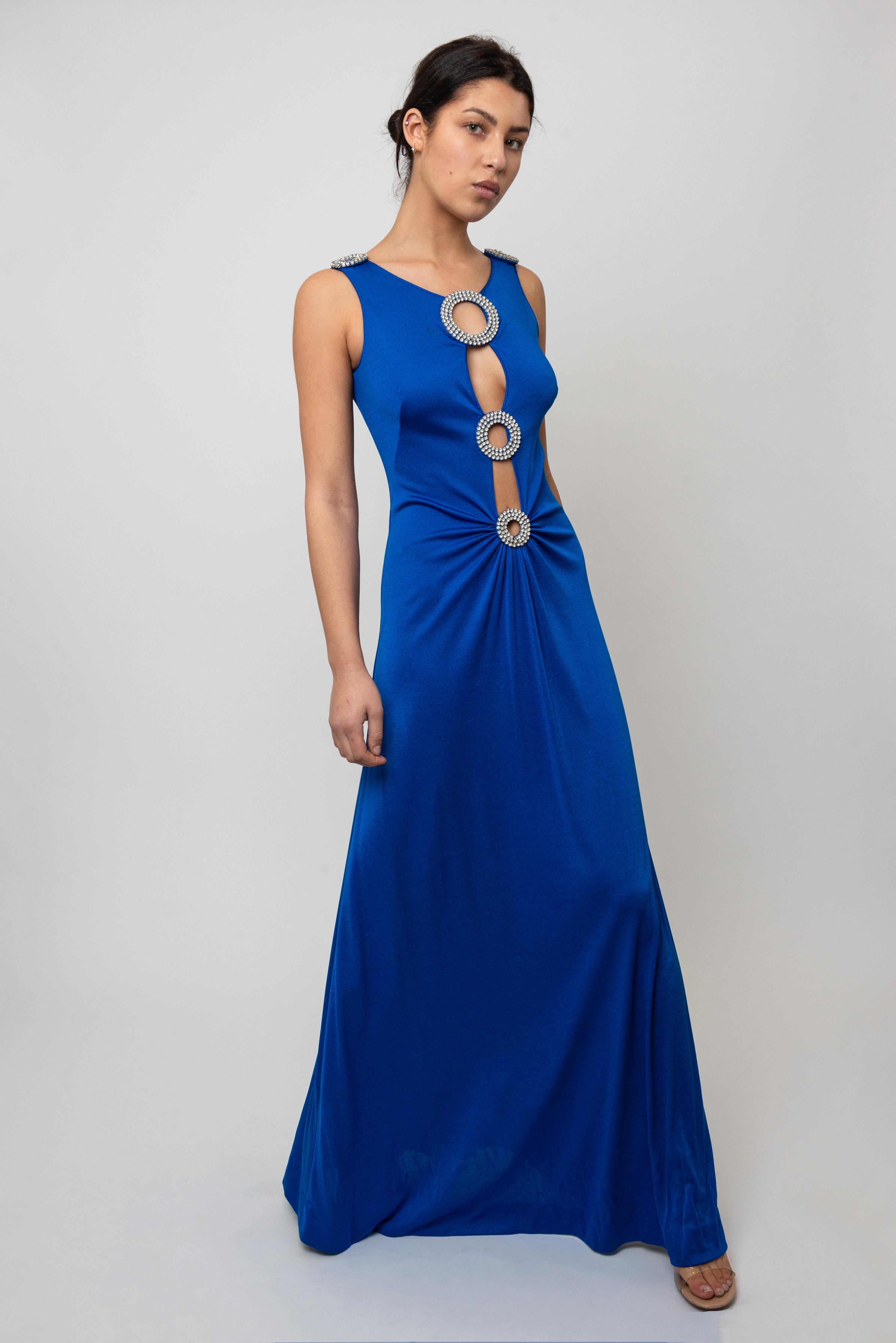 Donna 1970's Cobalt Blue Jersey Gown with Crystal Trim Cut Outs and Low Back in vendita