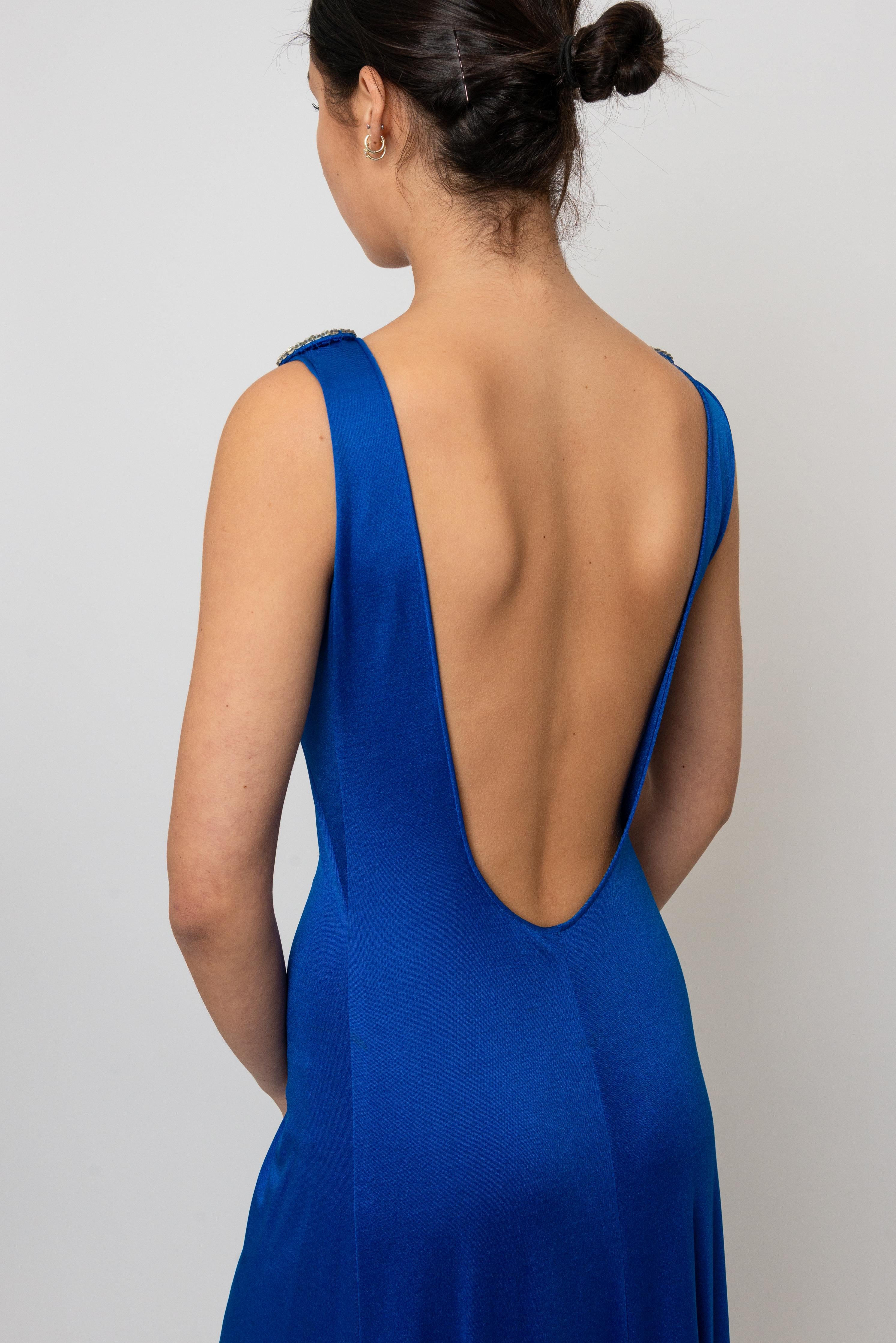 1970's Cobalt Blue Jersey Gown with Crystal Trim Cut Outs and Low Back in vendita 3
