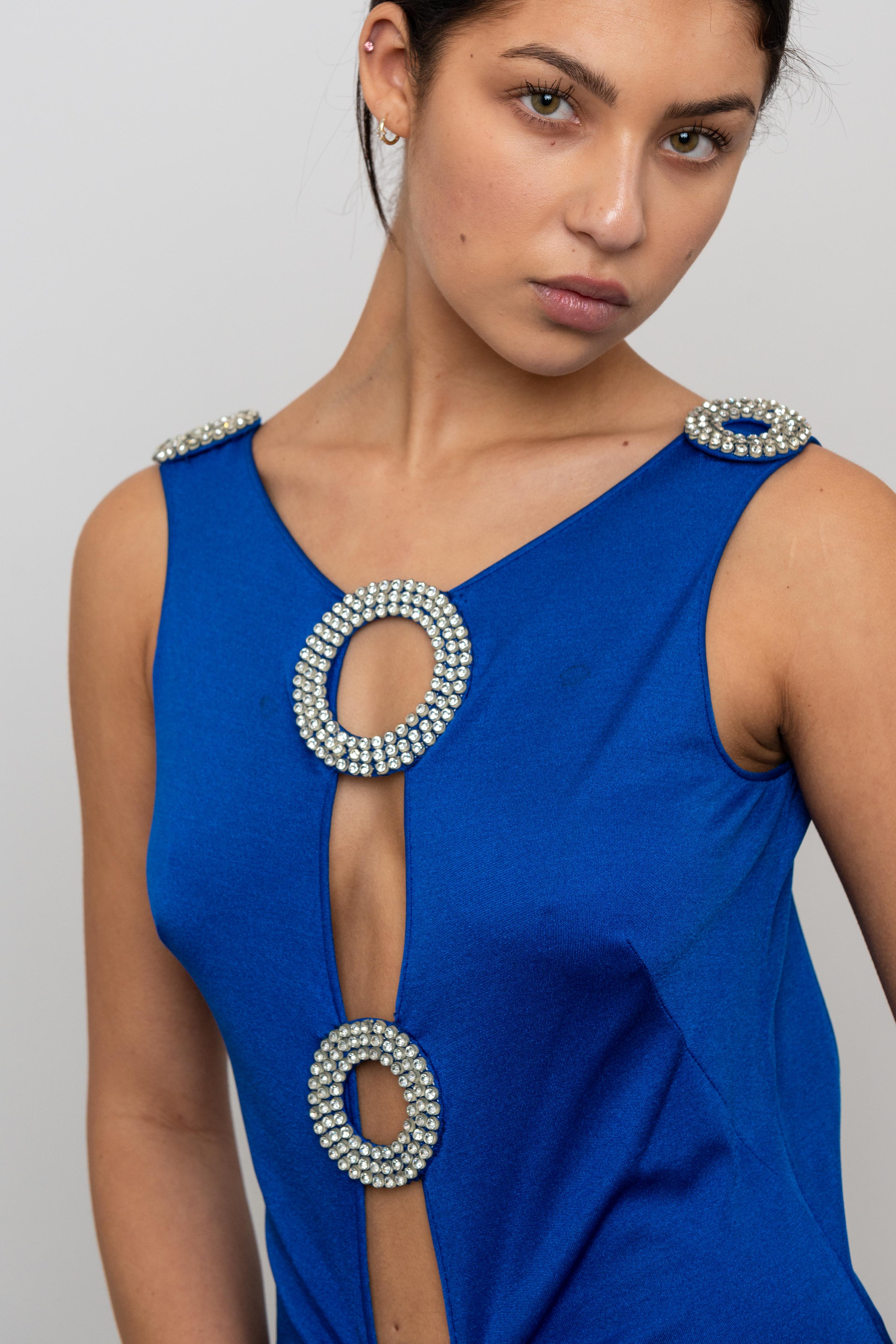 1970's Cobalt Blue Jersey Gown with Crystal Trim Cut Outs and Low Back in vendita 5