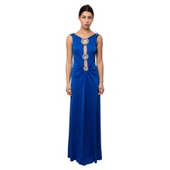 1970
s Cobalt Blue Jersey Gown with Crystal Trim Cut Outs and Low Back 1970
s Cobalt Blue Jersey Gown with Crystal Trim Cut Outs and Low Back