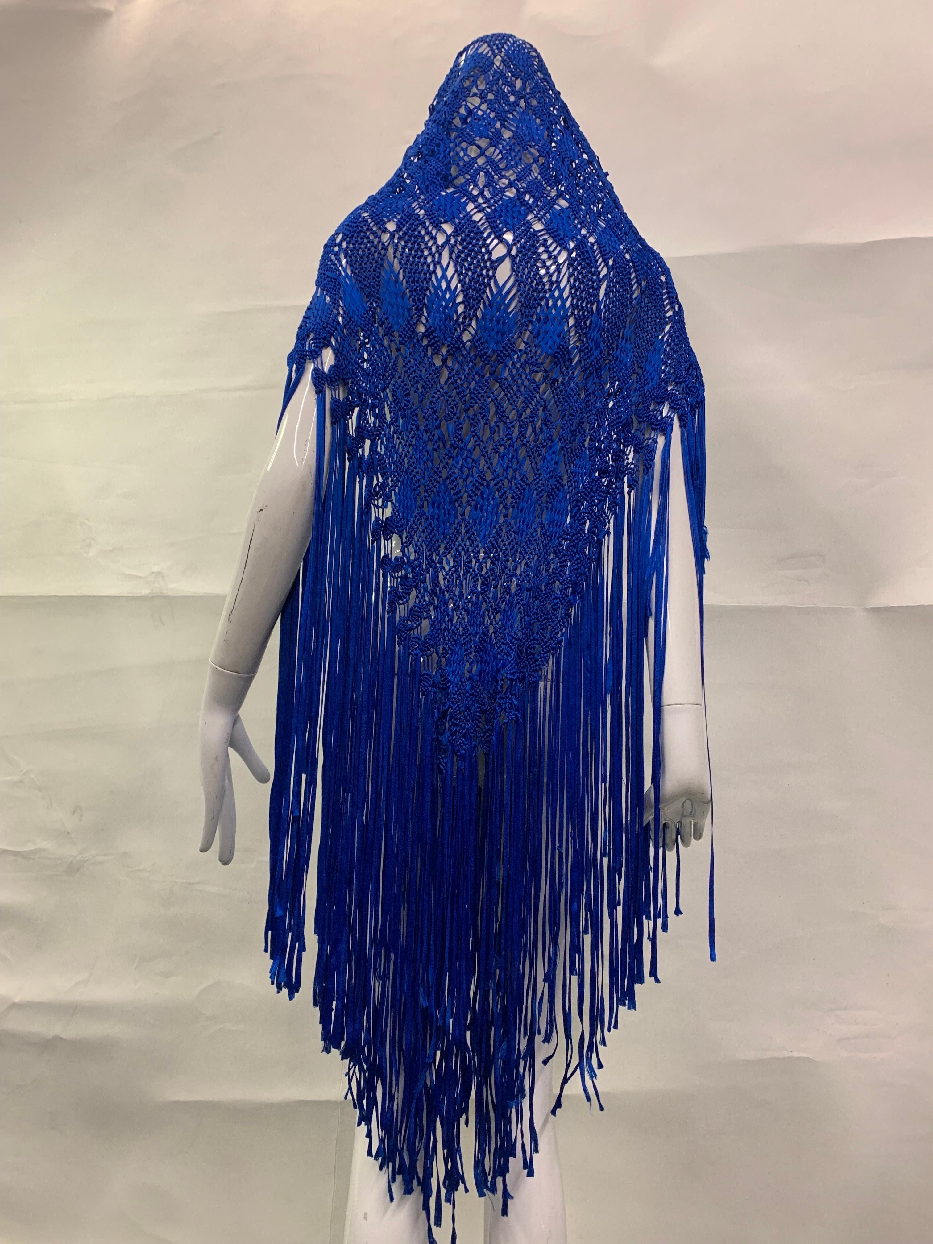 1970s Cobalt Blue Rayon Ribbon Macrame Shawl with Extravagant Fringe In Excellent Condition For Sale In Gresham, OR