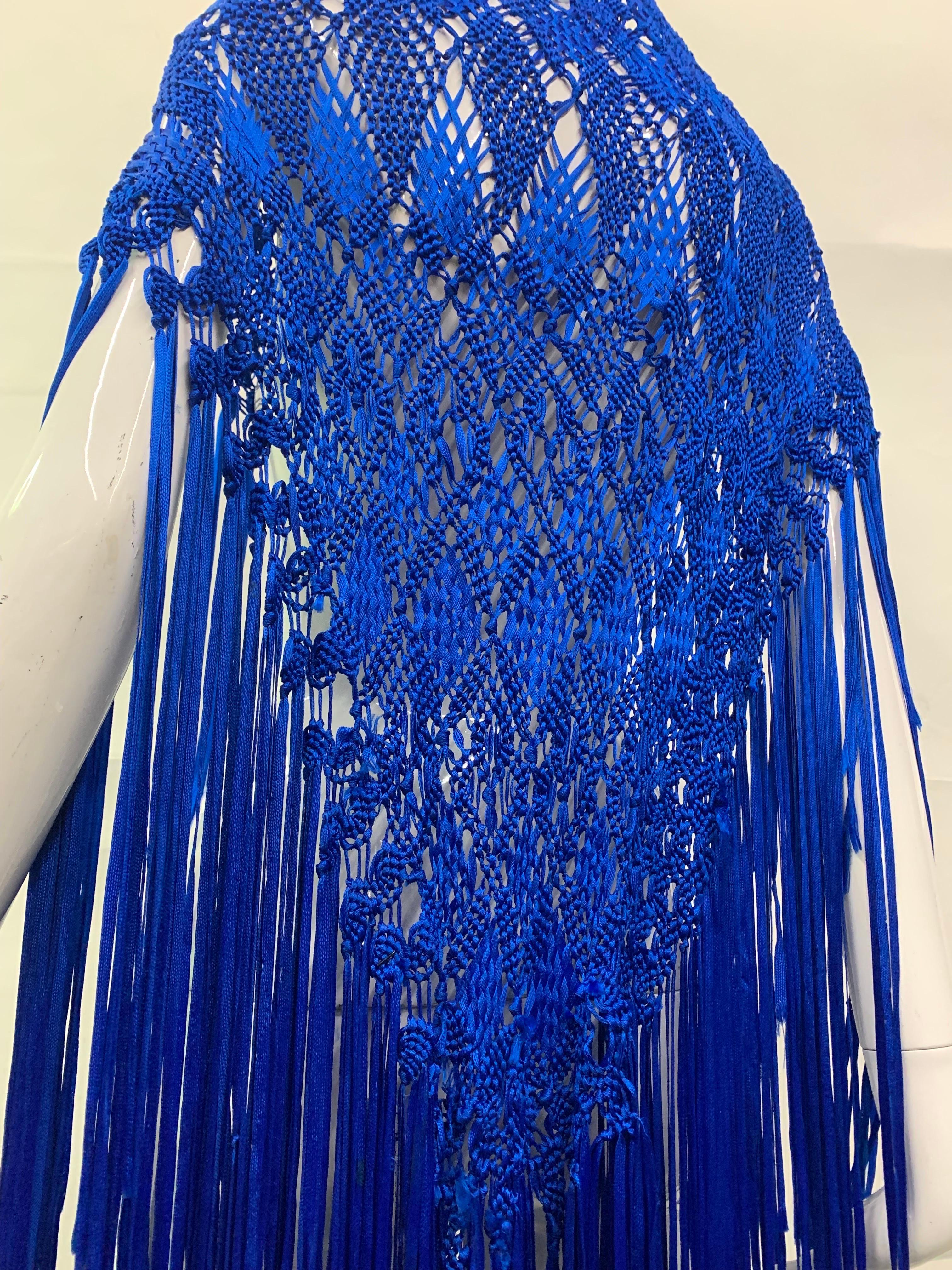 Women's 1970s Cobalt Blue Rayon Ribbon Macrame Shawl with Extravagant Fringe For Sale
