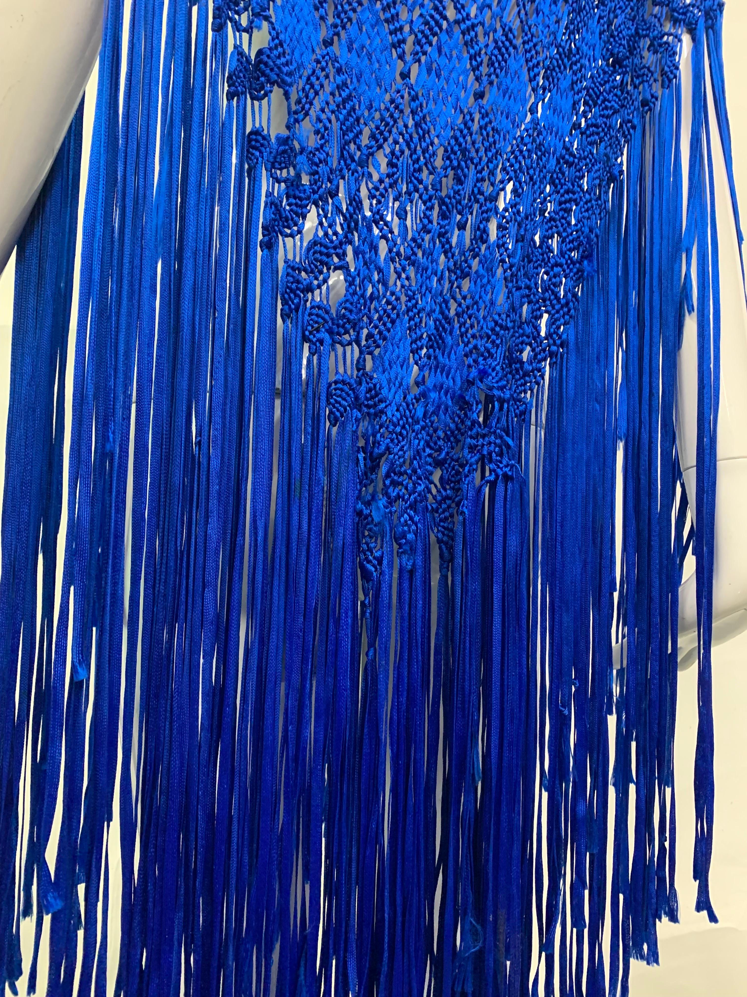1970s Cobalt Blue Rayon Ribbon Macrame Shawl with Extravagant Fringe For Sale 1