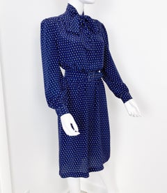1970s Cobalt Blue Silk Cocktail Shirt Dress with Pussy Bow Size 10/12