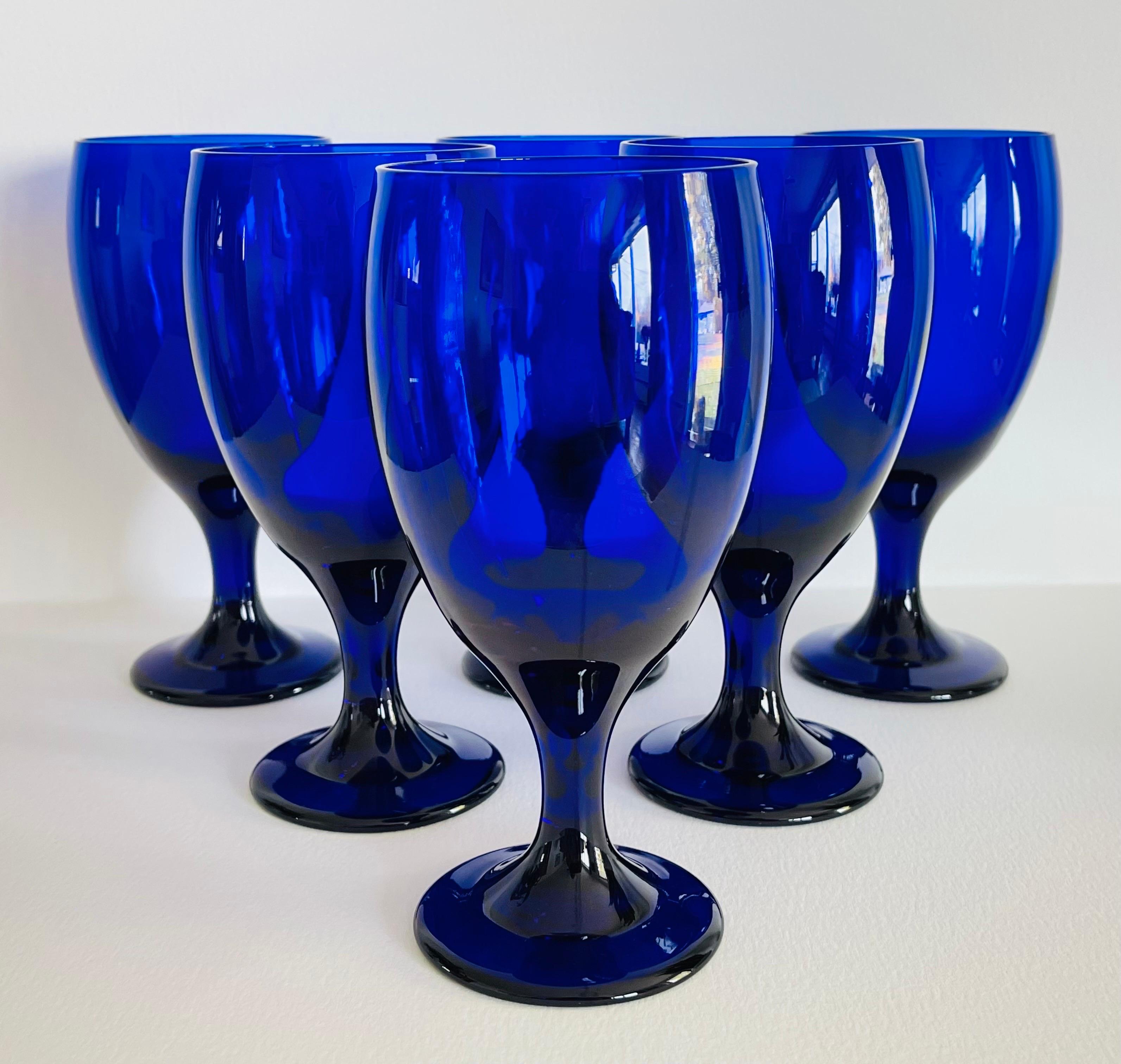 Vintage 1970s set of six tall cobalt glass goblets. The goblets can be used for either wine or water. No marks.
