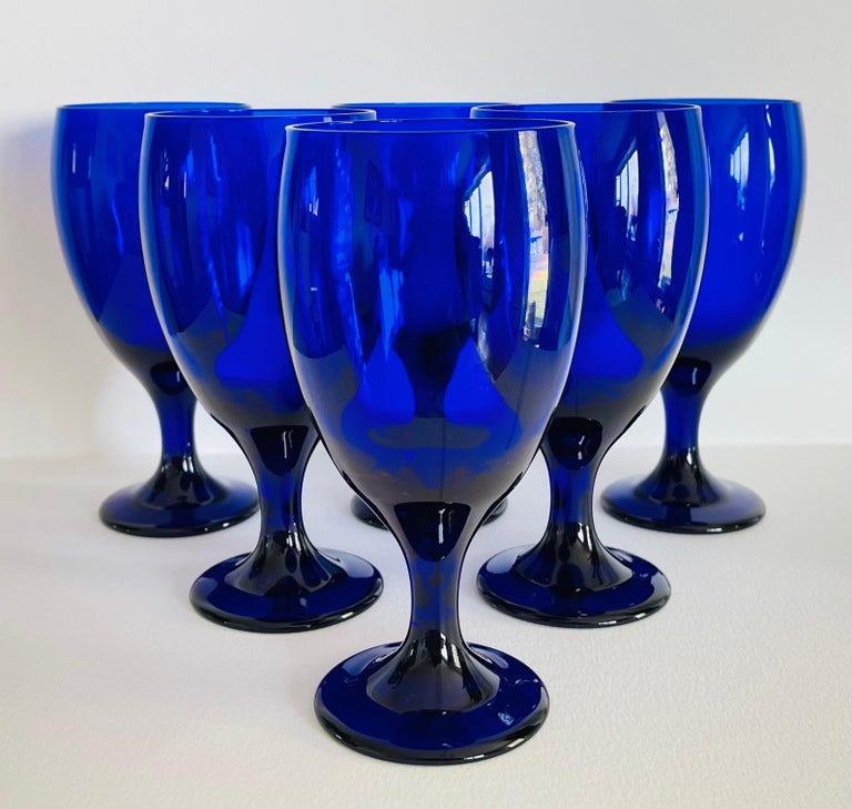 1970s Cobalt Blue Tall Glass Goblet, Set of 6 For Sale at 1stDibs