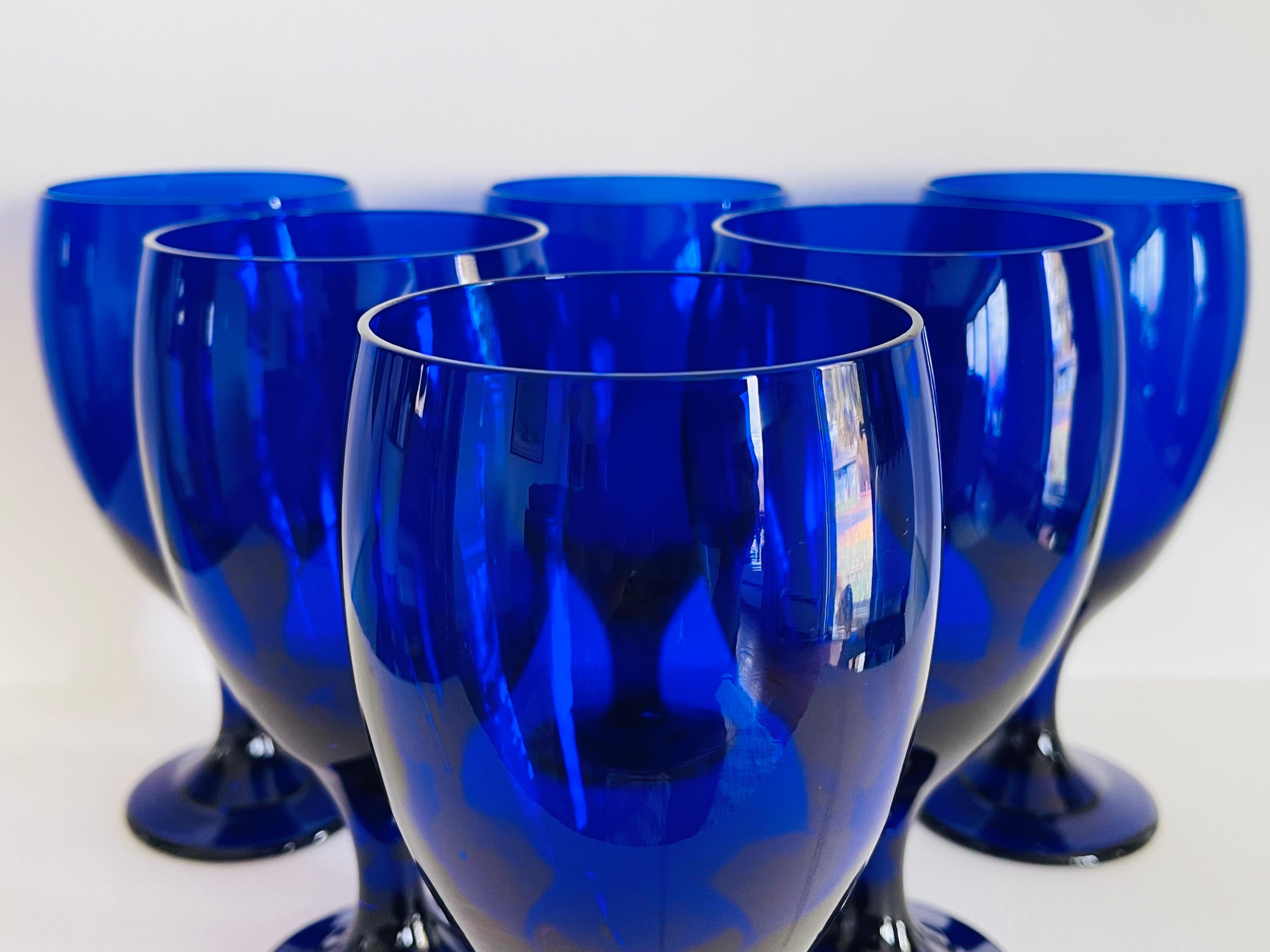 Mid-Century Modern 1970s Cobalt Blue Tall Glass Goblet, Set of 6