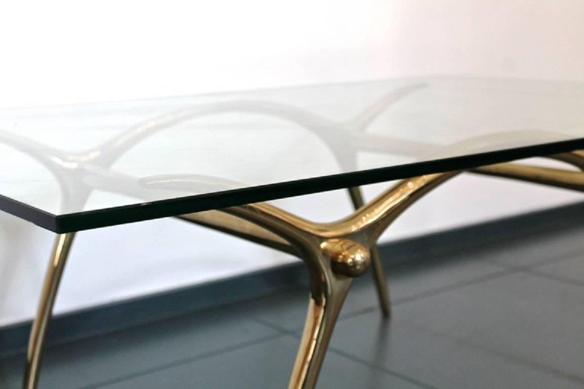 Post-Modern 1970s Coffee Table in Glass an Polished Brass by Belgian Designer Kouloufi