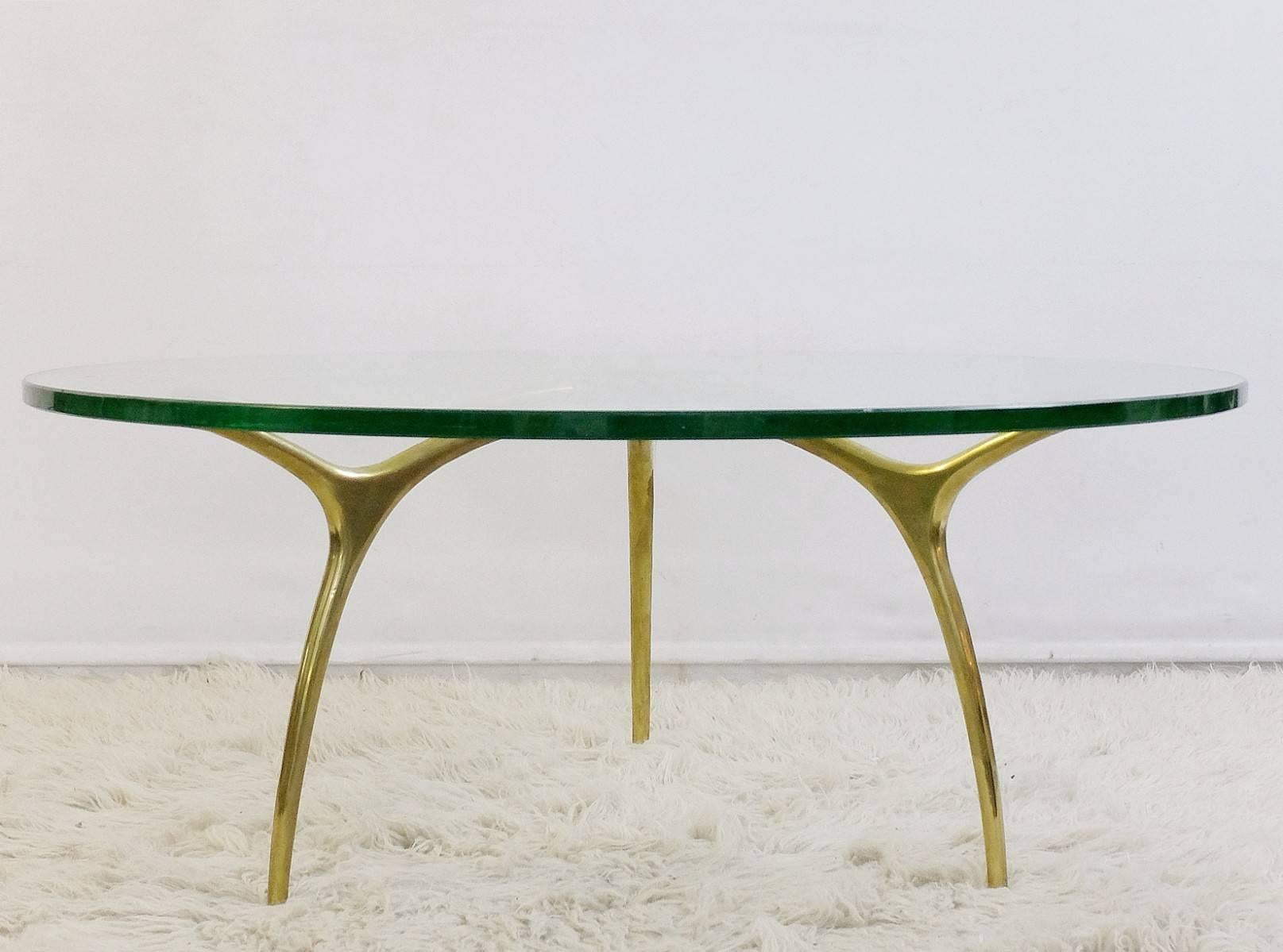 1970s coffee table in glass and polished brass by Belgian designer Kouloufi.