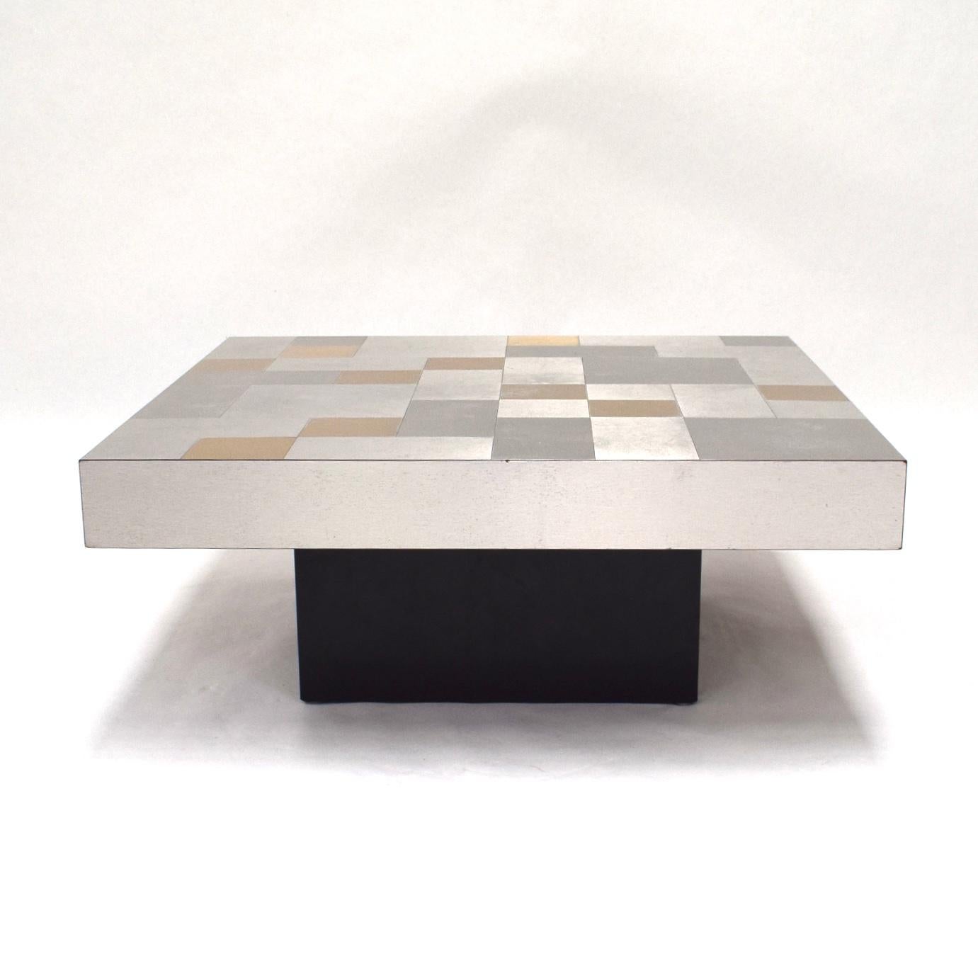 European 1970s Coffee Table with Aluminium Mosaic Top Gold and Silver Colored