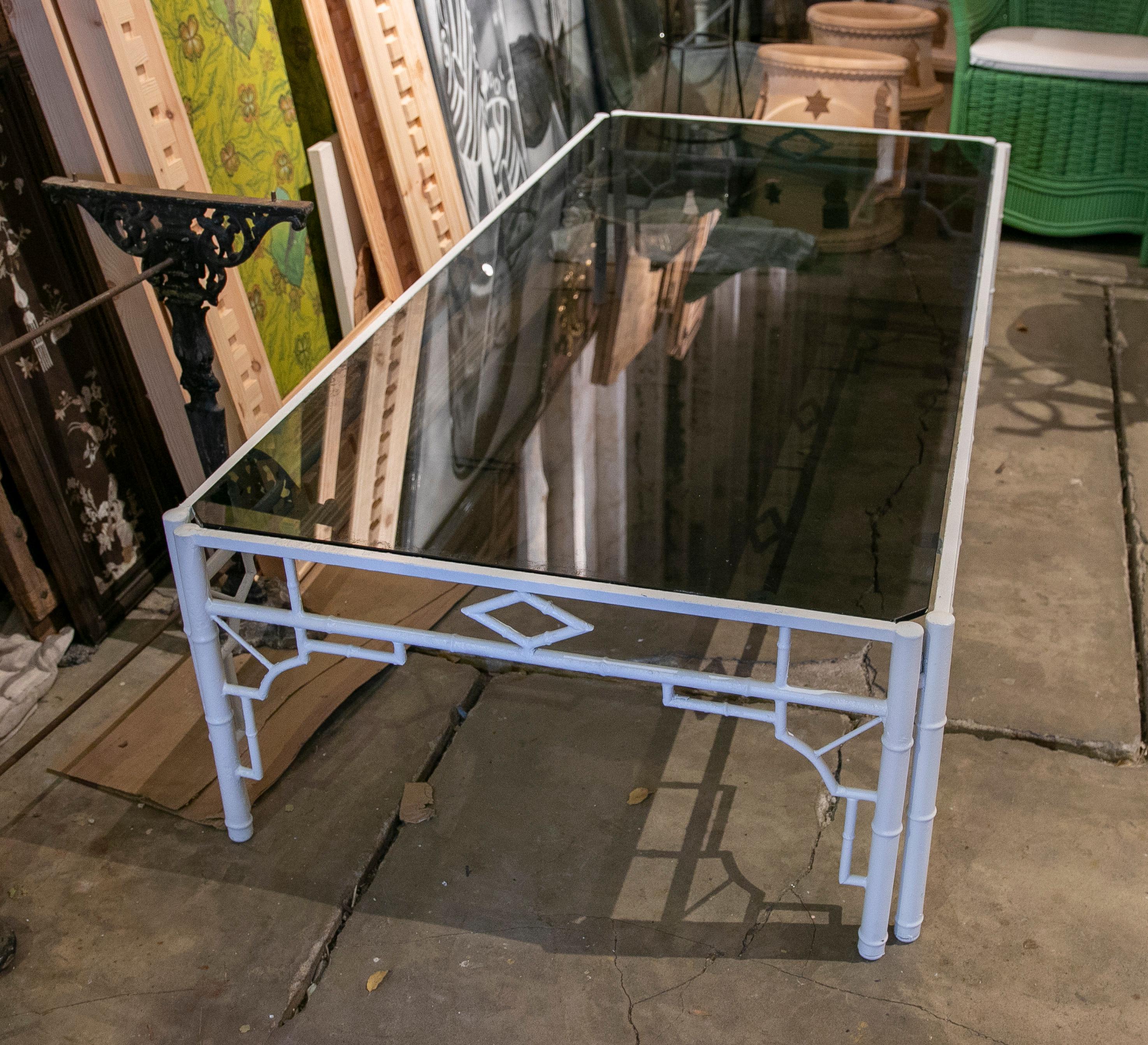 20th Century 1970s Coffee Table with Bamboo Imitation, Metal Frame and Smoked Glass  For Sale