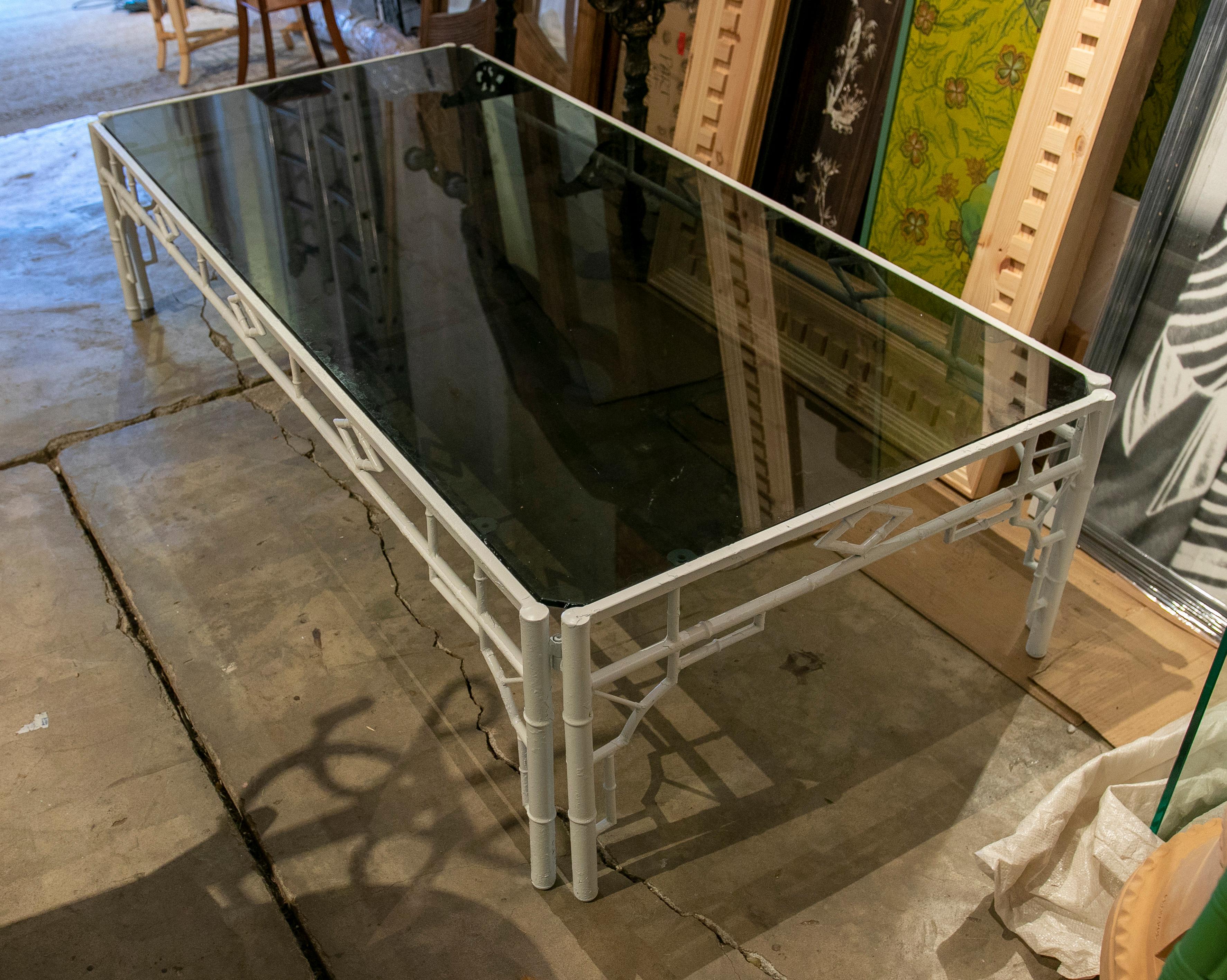 1970s Coffee Table with Bamboo Imitation, Metal Frame and Smoked Glass  For Sale 4