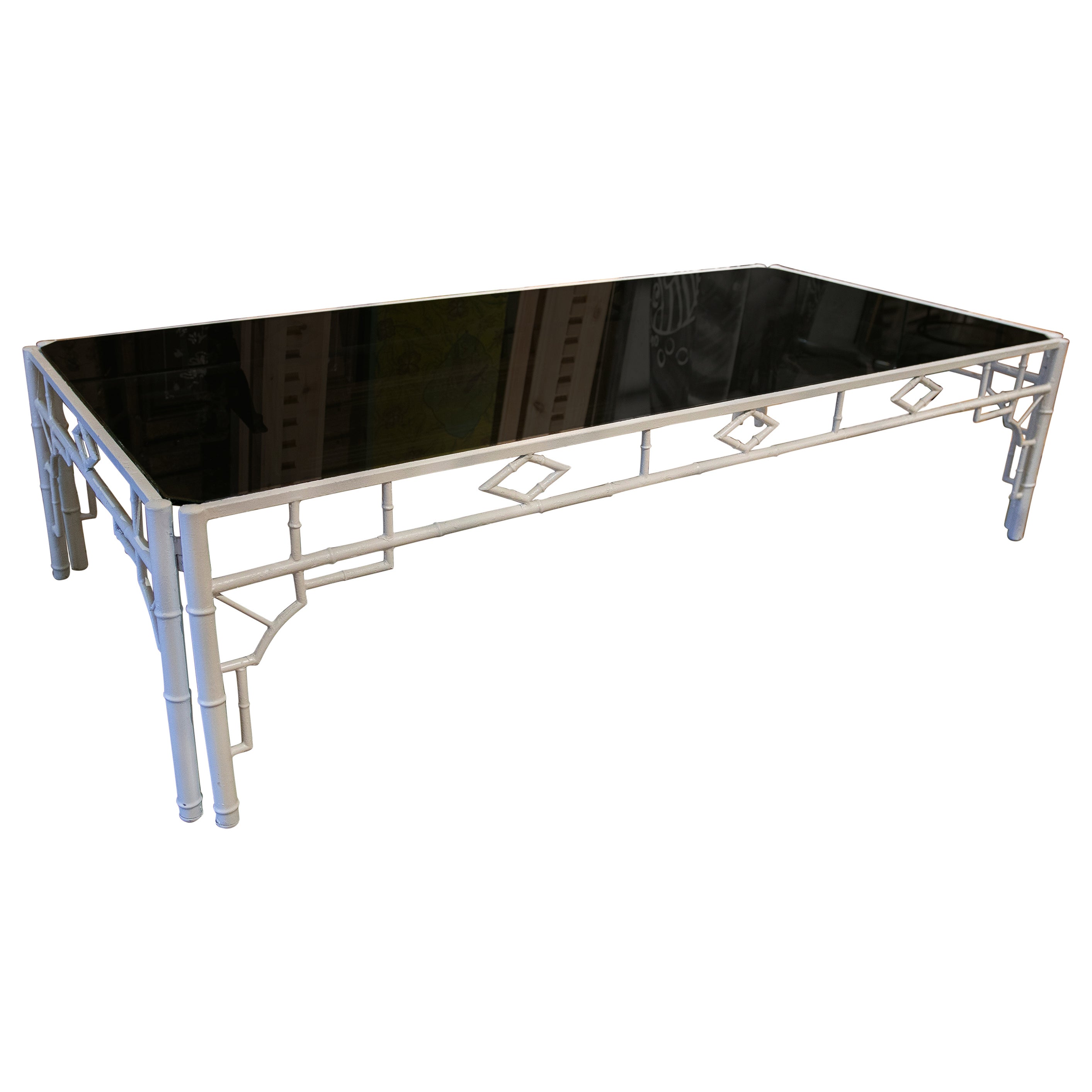 1970s Coffee Table with Bamboo Imitation, Metal Frame and Smoked Glass