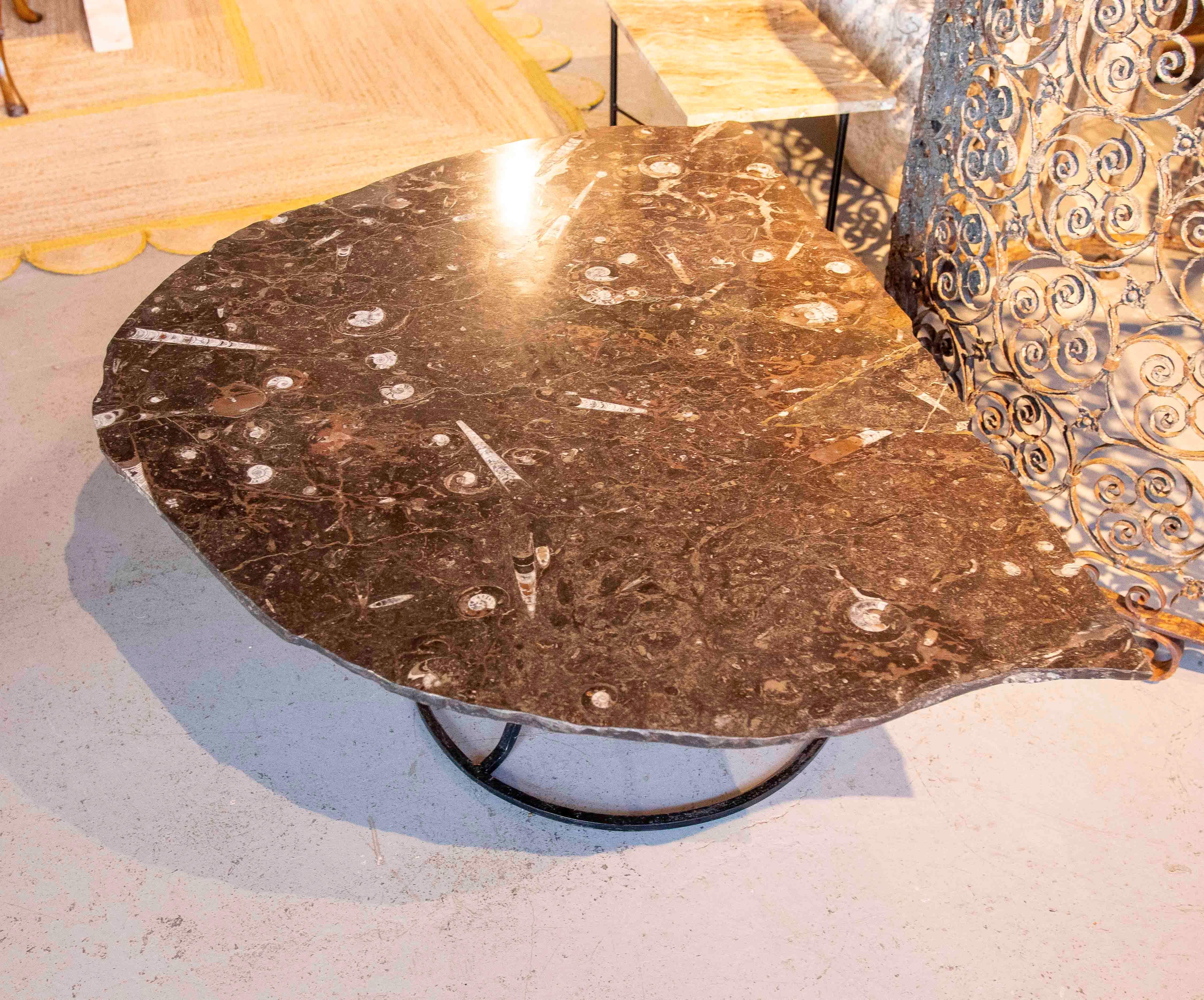 Tavolino da caffè anni '70 con piano in marmo fossile e base circolare in ferro in vendita 7