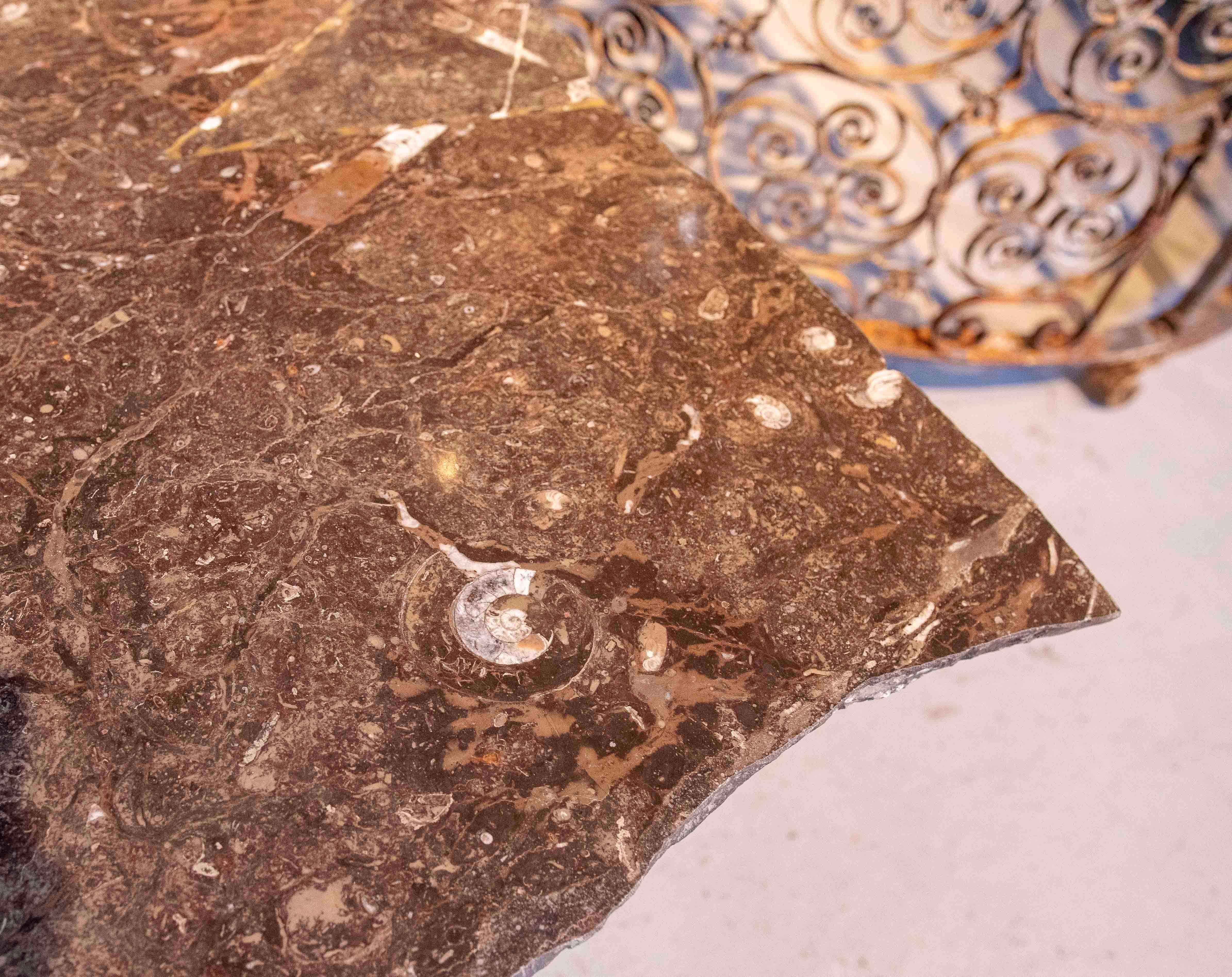 Tavolino da caffè anni '70 con piano in marmo fossile e base circolare in ferro in vendita 8