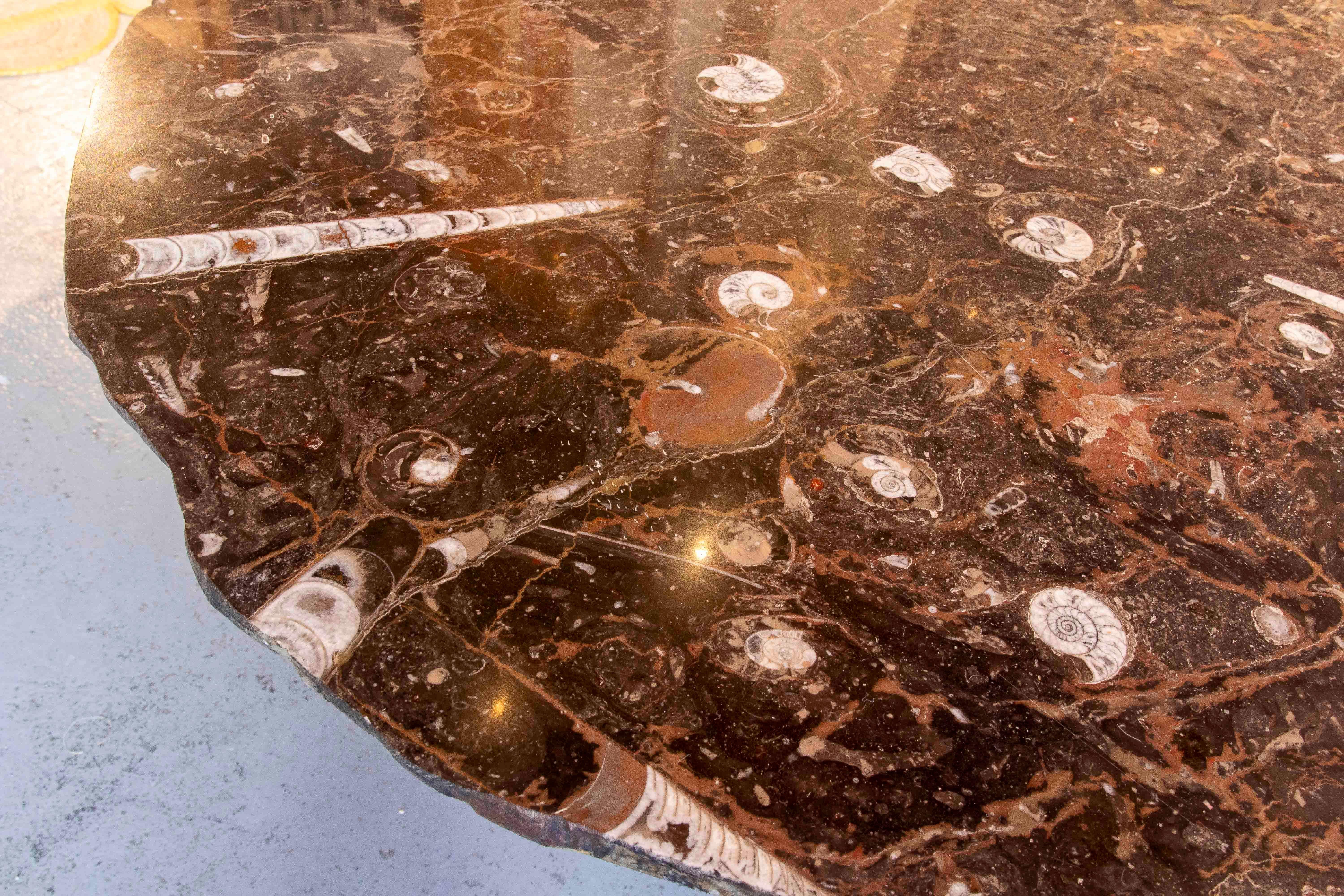 XX secolo Tavolino da caffè anni '70 con piano in marmo fossile e base circolare in ferro in vendita