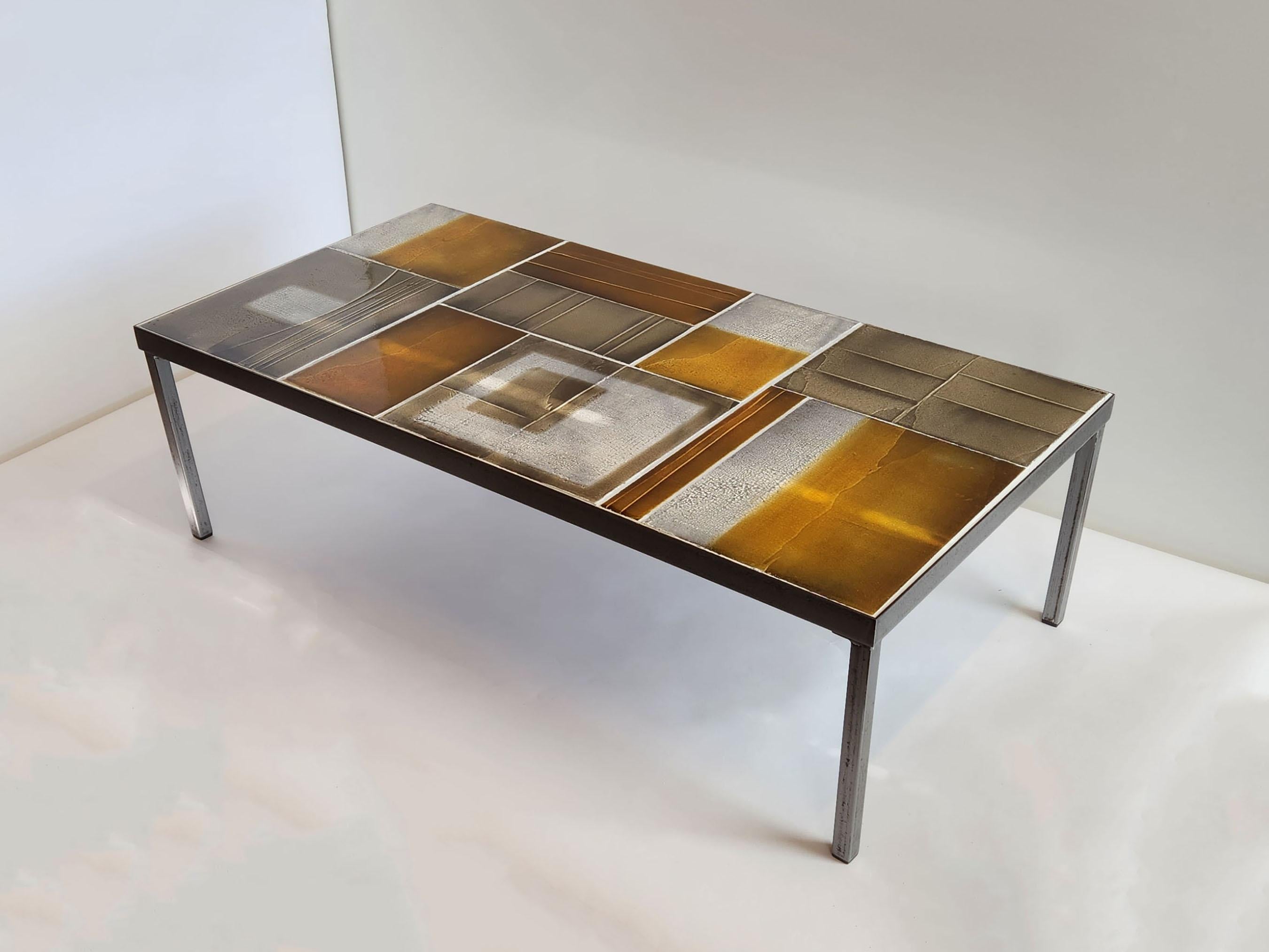 Roger Capron - 1970's Coffee Table with Lava Tiles Series on a Metal Frame  In Excellent Condition For Sale In Stratford, CT