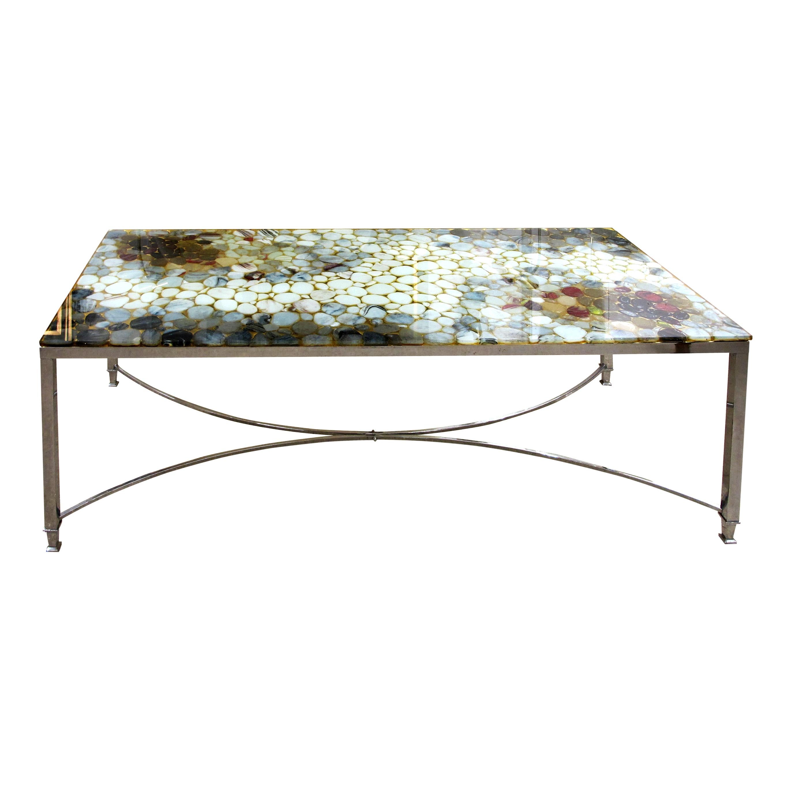Metal 1970s Coffee Table With Natural Stone and Acrylic Top, Danish For Sale