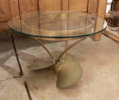 1970s Coffee Table with Nautical Propeller and Circular Glass Top