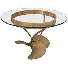 1970s Coffee Table with Nautical Propeller and Circular Glass Top