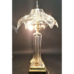 1970s Cofrac Art Verrier Hand Blown Heavy Crystal and Brass Petite Table Lamp