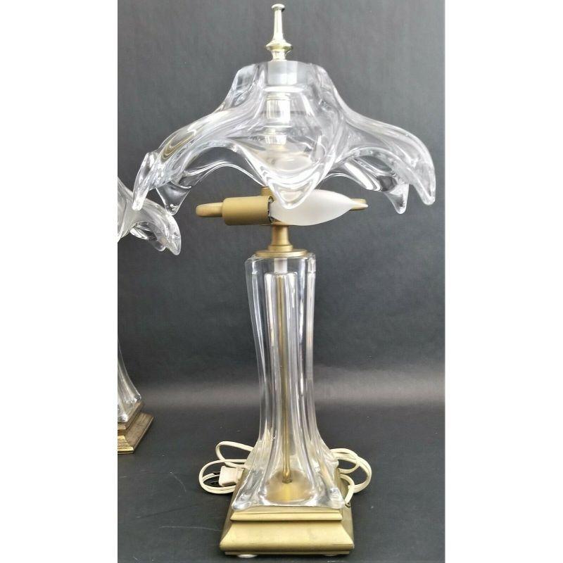 French 1970s Cofrac Art Verrier Hand Blown Heavy Crystal and Brass Petite Table Lamp For Sale