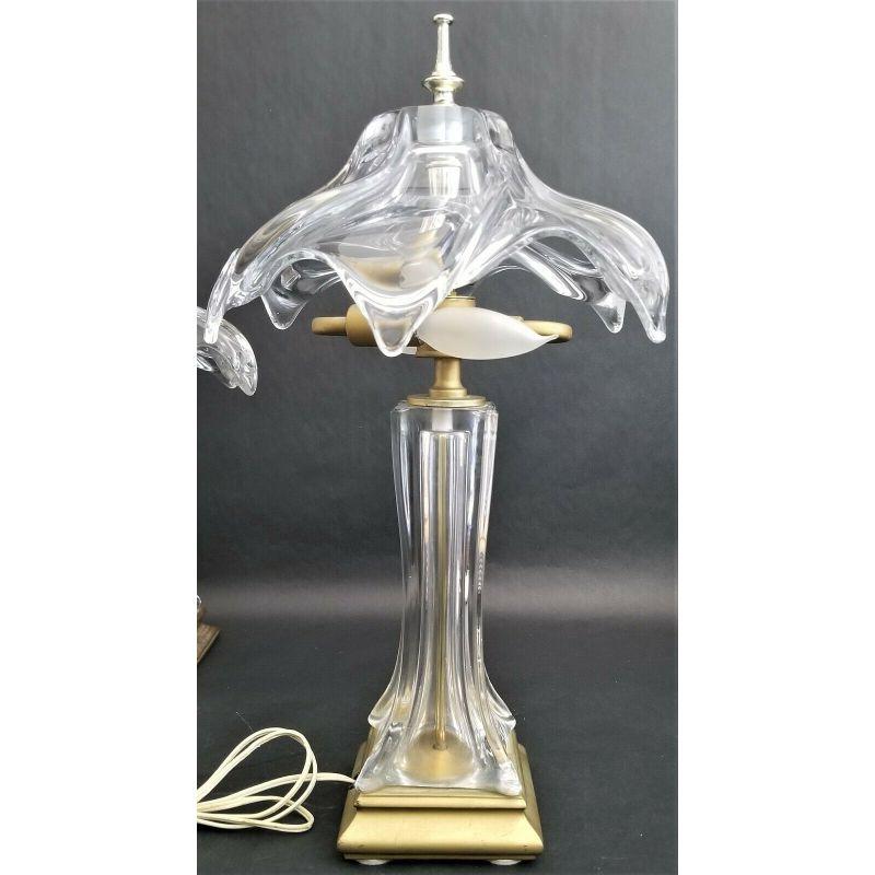 1970s Cofrac Art Verrier Hand Blown Heavy Crystal and Brass Petite Table Lamp In Good Condition For Sale In Lake Worth, FL