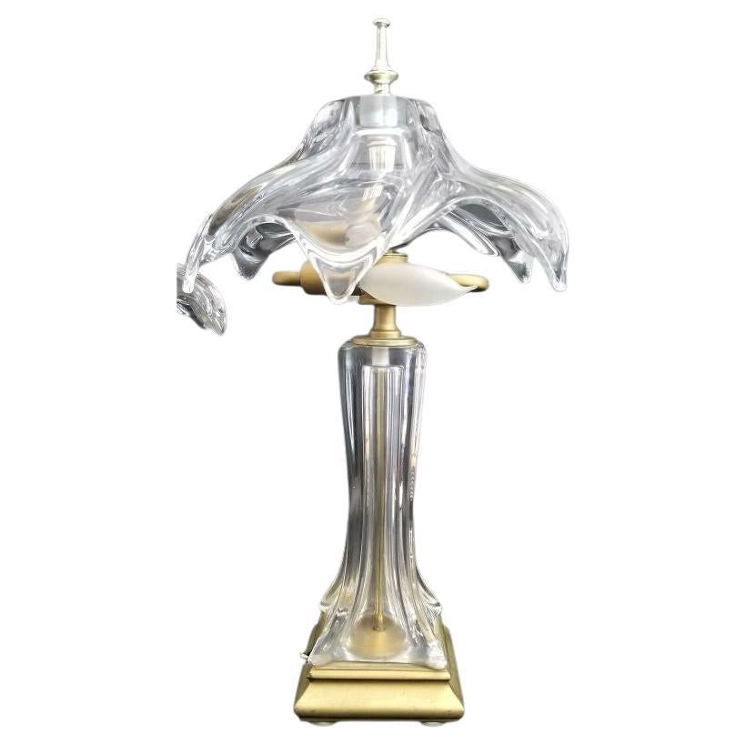 1970s Cofrac Art Verrier Hand Blown Heavy Crystal and Brass Petite Table Lamp