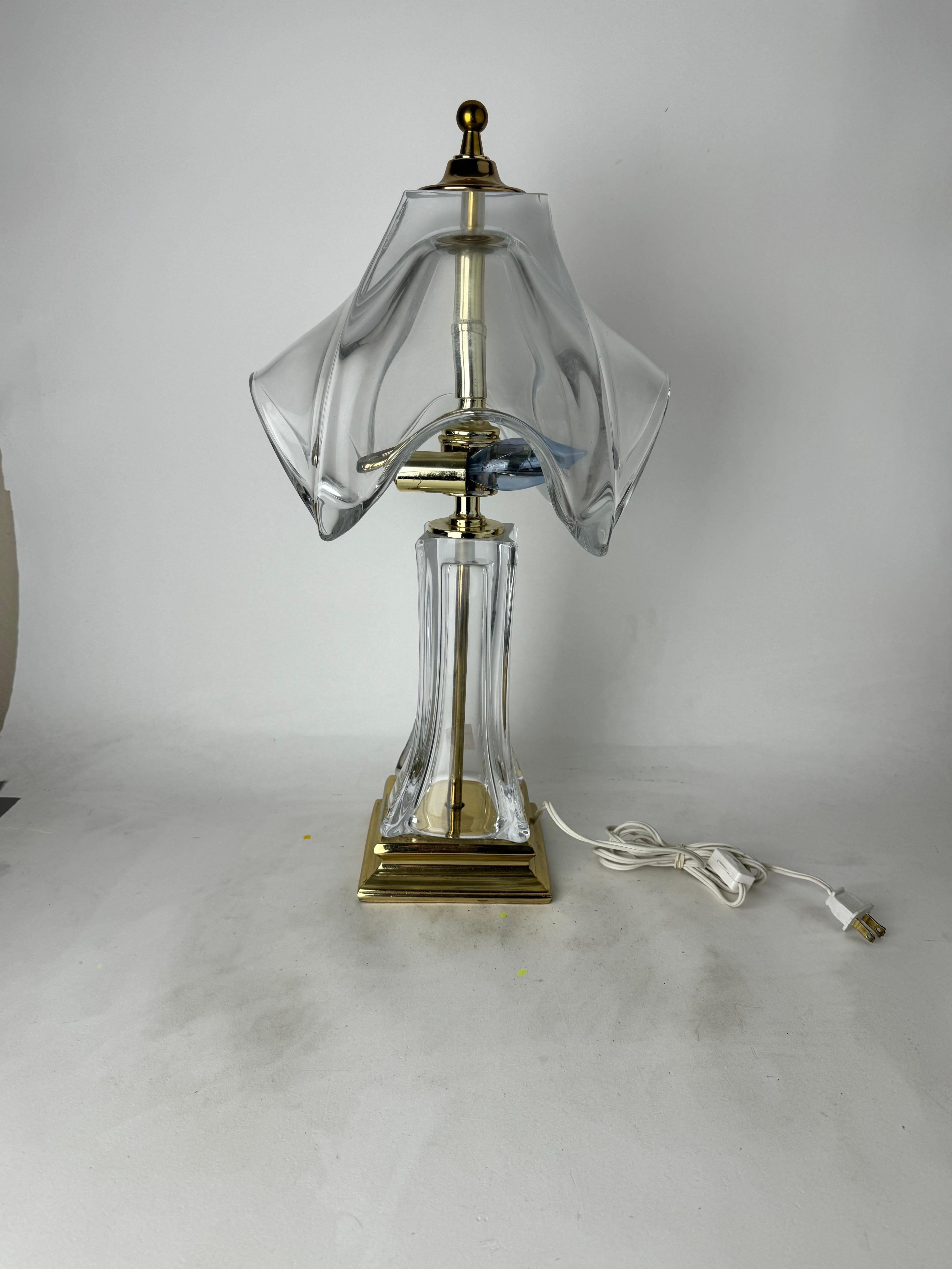 Gorgeous handblown crystal art glass table lamp with brass base, center and top, presumably by Cofrac in France. This item is unmarked, but Cofrac tags their items with labels, which are often taken off by customers after purchase for looks.

This