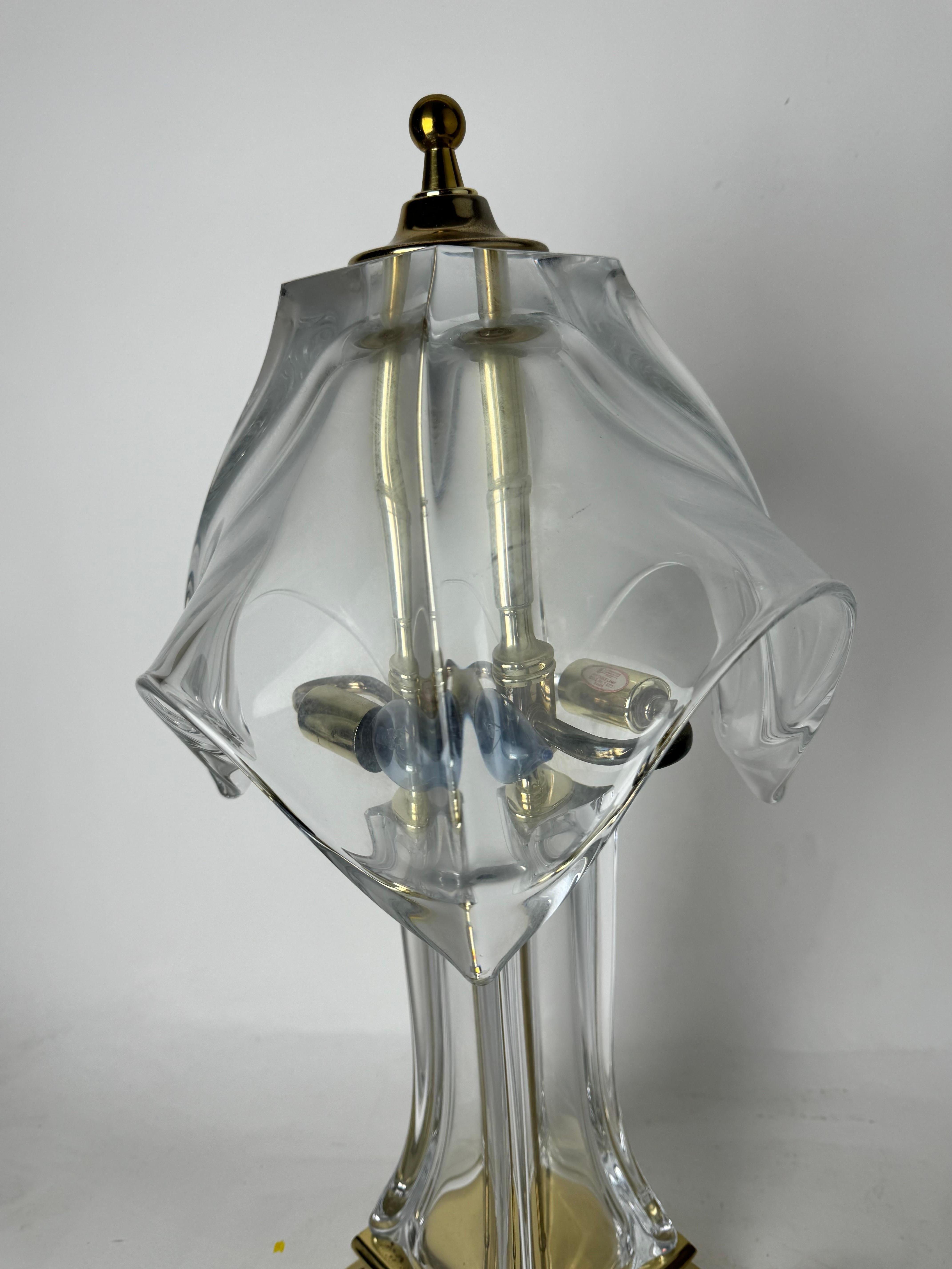 Art Deco 1970's Cofrac Leaded Crystal Glass and Brass Table Lamp For Sale