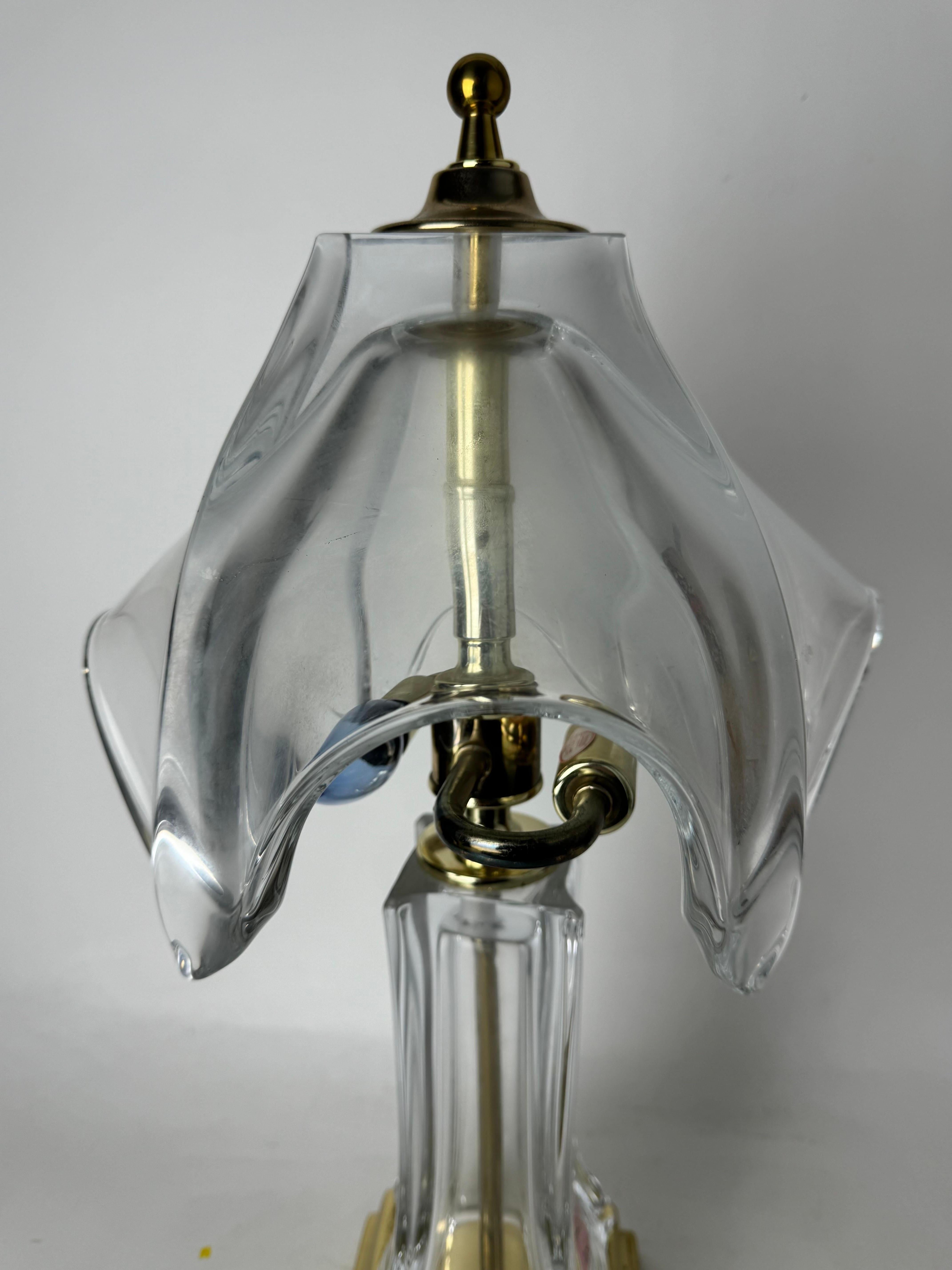 French 1970's Cofrac Leaded Crystal Glass and Brass Table Lamp For Sale