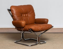 1970's Cognac Leather and Chrome Lounge Chair by Harald Relling for Westnofa