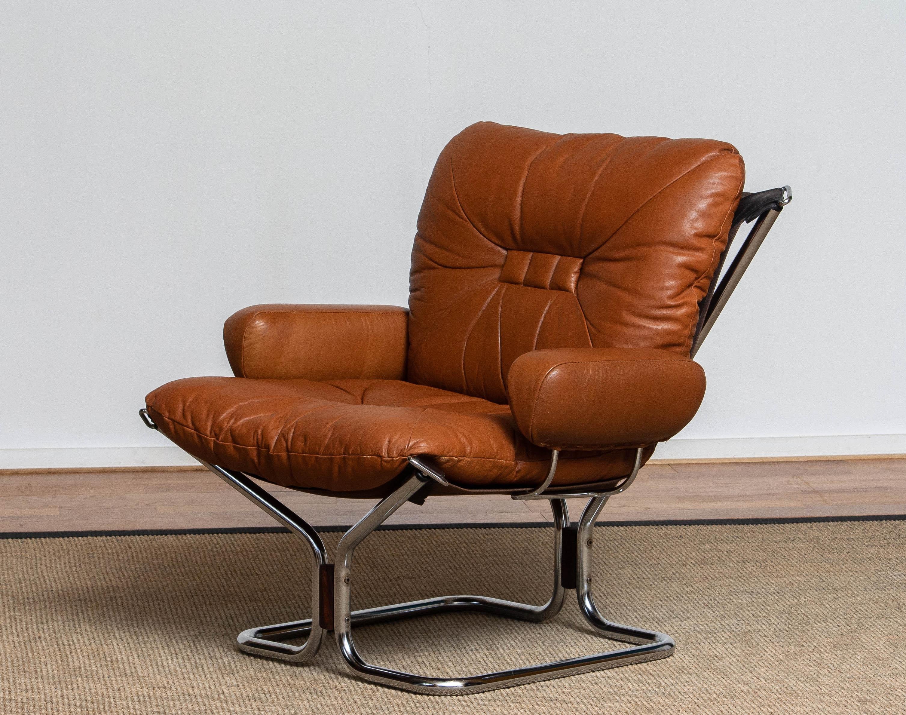 Scandinavian Modern 1970's Cognac Leather and Chrome Lounge Chair by Harald Relling for Westnofa