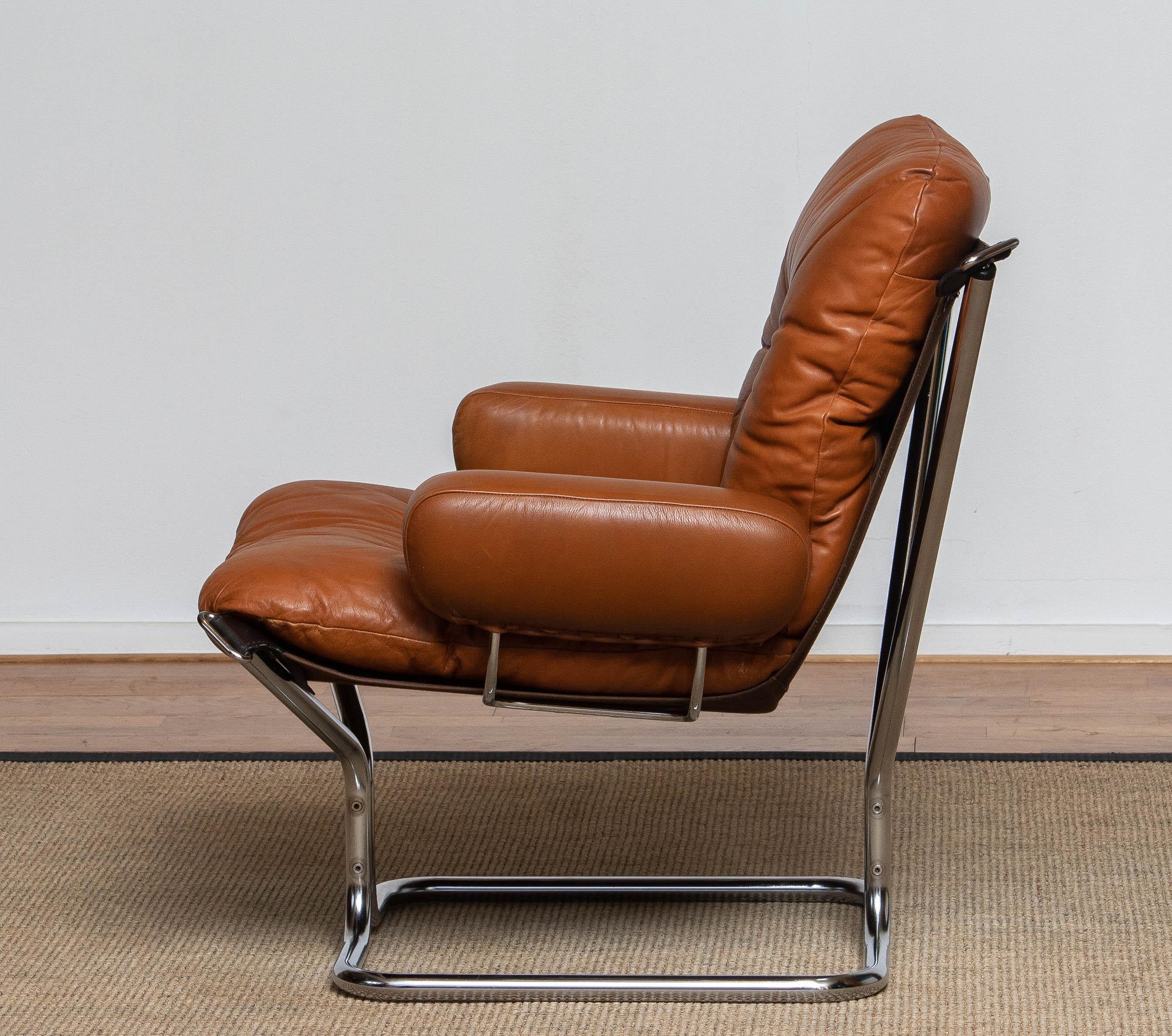 Norwegian 1970's Cognac Leather and Chrome Lounge Chair by Harald Relling for Westnofa