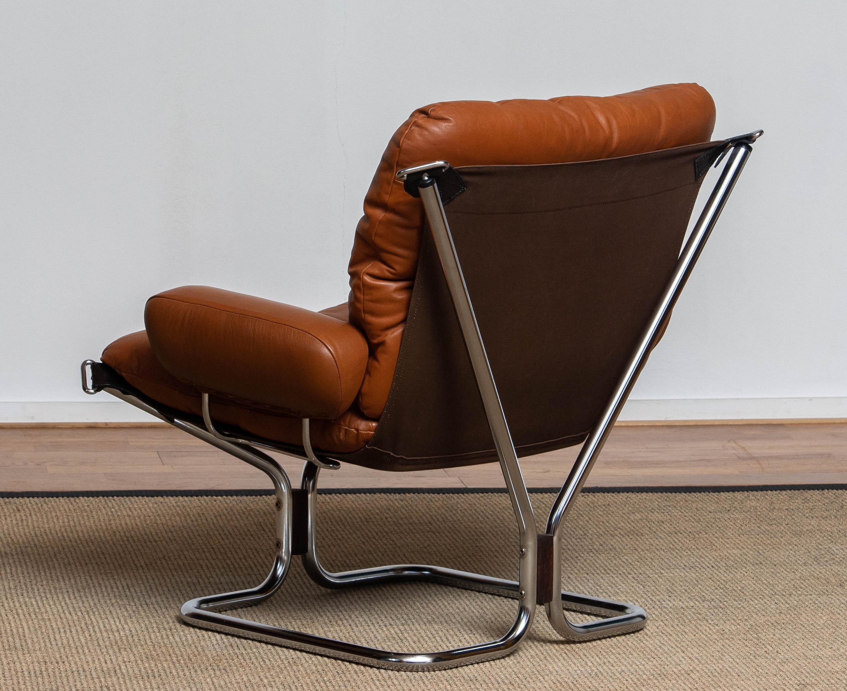 1970's Cognac Leather and Chrome Lounge Chair by Harald Relling for Westnofa In Good Condition In Silvolde, Gelderland