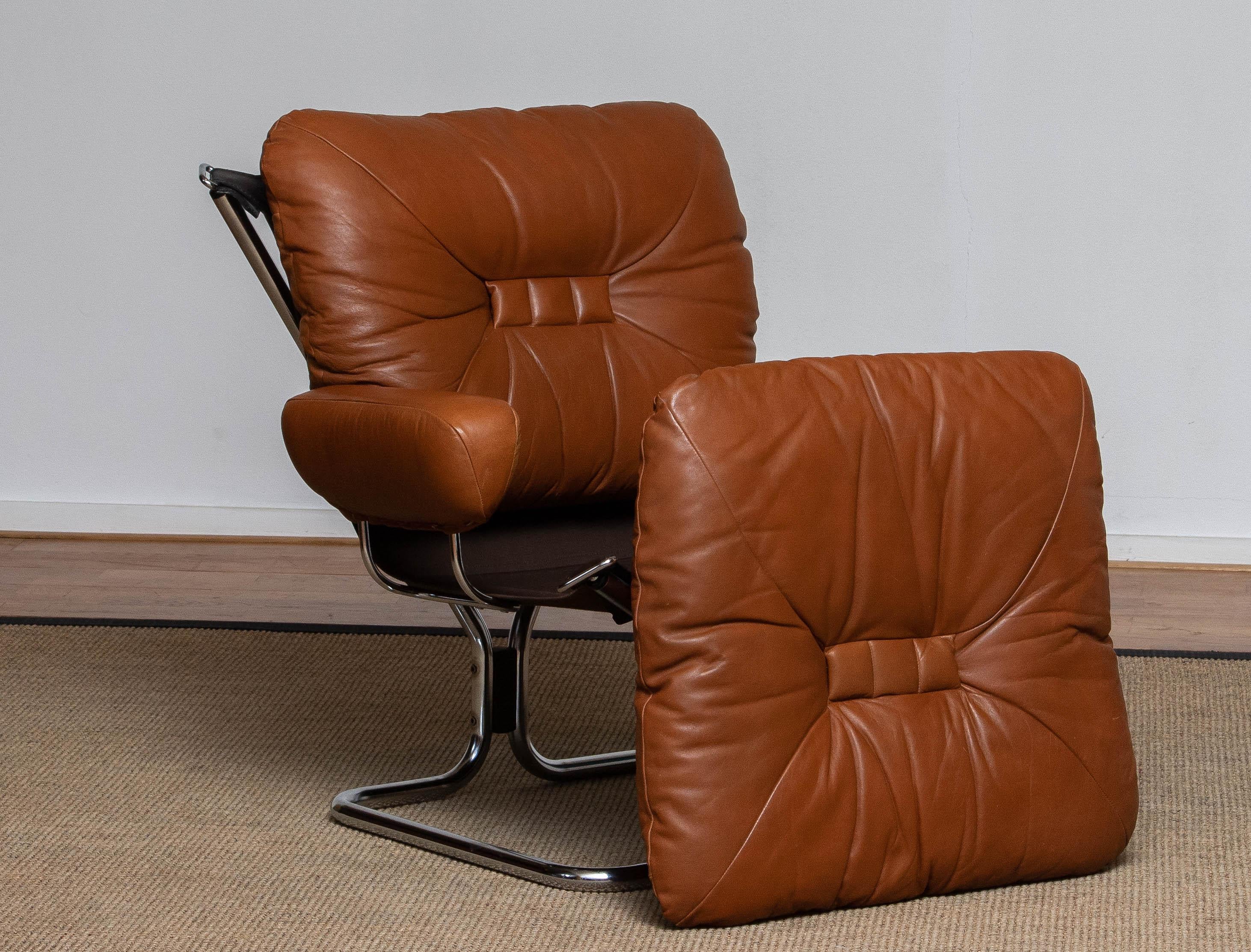 1970's Cognac Leather and Chrome Lounge Chair by Harald Relling for Westnofa 1