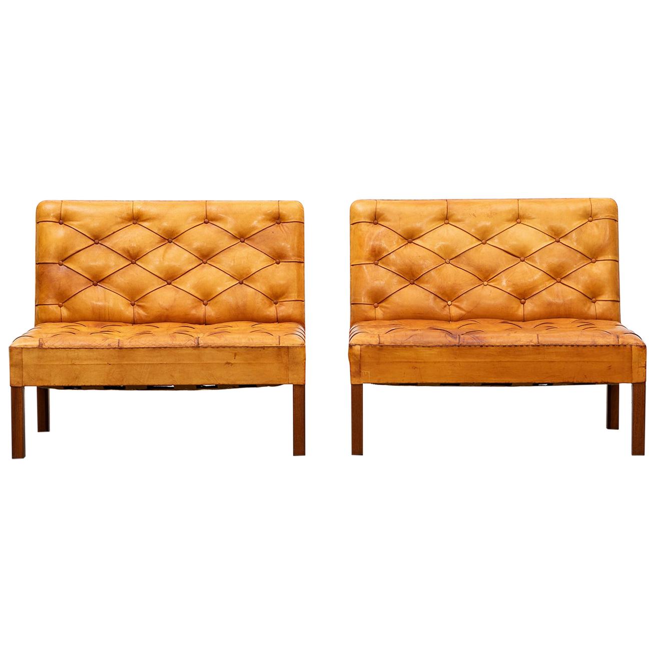 1970s Cognac Leather and Mahogany Pair of Sofa Units by Kaare Klint For Sale