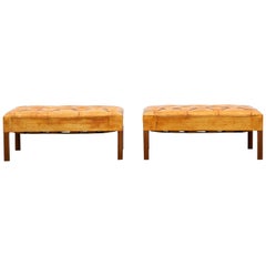 1970s Cognac Leather and Mahogany Pair of Stools by Kaare Klint